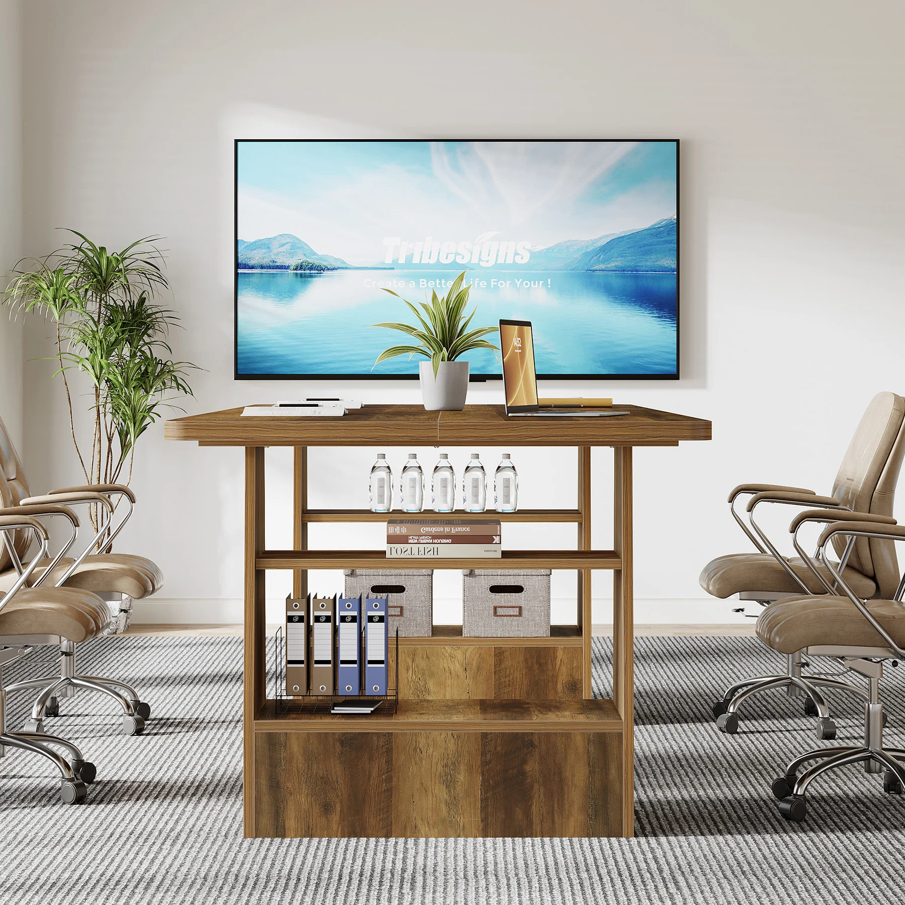 63" Conference Table, Rectangular Executive Meeting Table with 4-Tier Shelf - Image 6