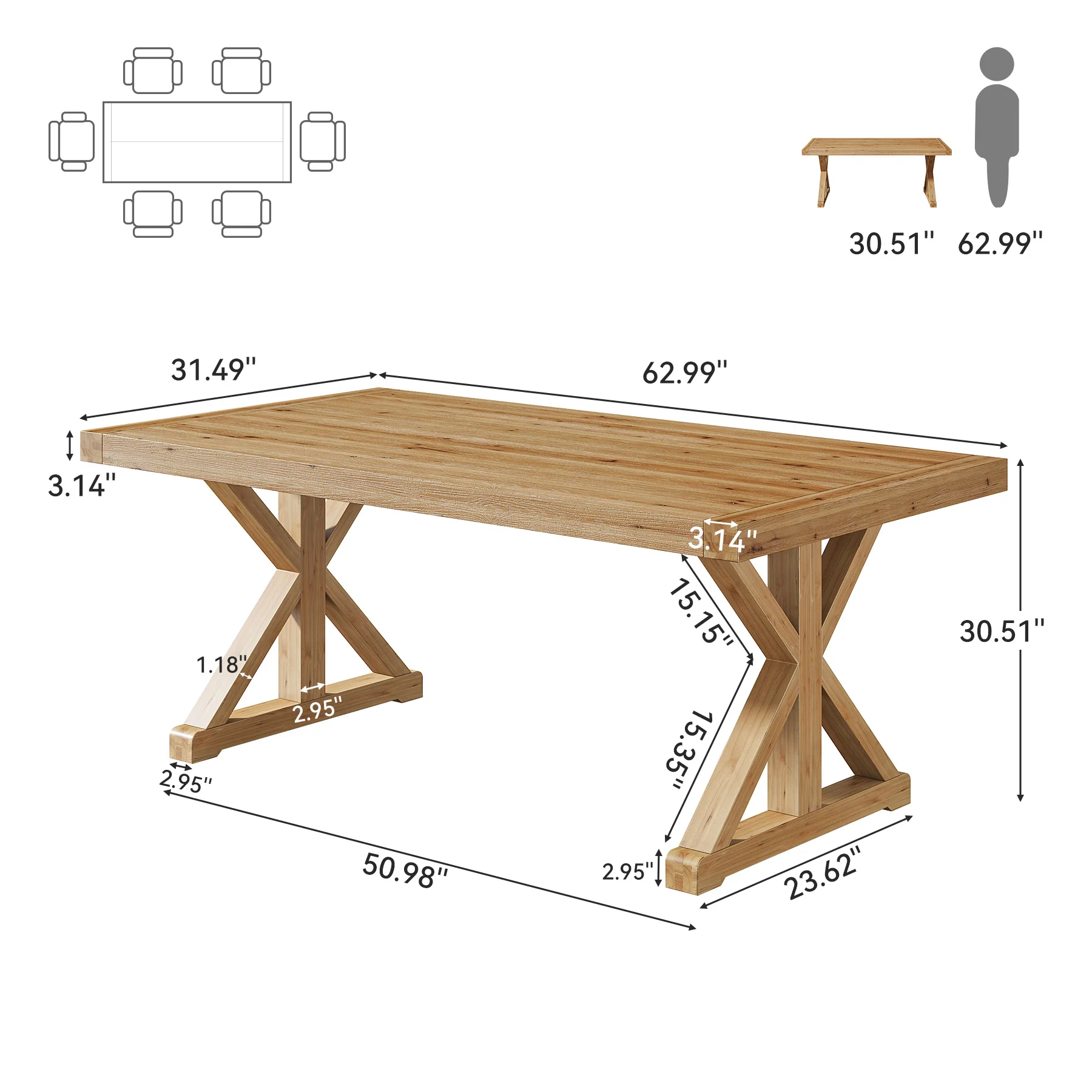 63" Solid Wood Dining Table, Rectangular Kitchen Table for 4-6 - Image 2