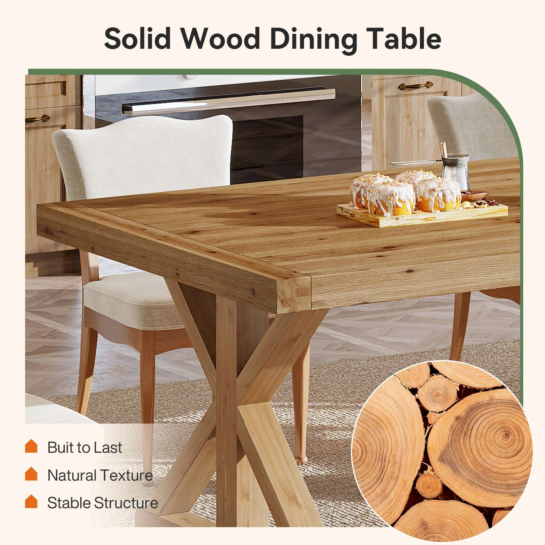 63" Solid Wood Dining Table, Rectangular Kitchen Table for 4-6 - Image 5