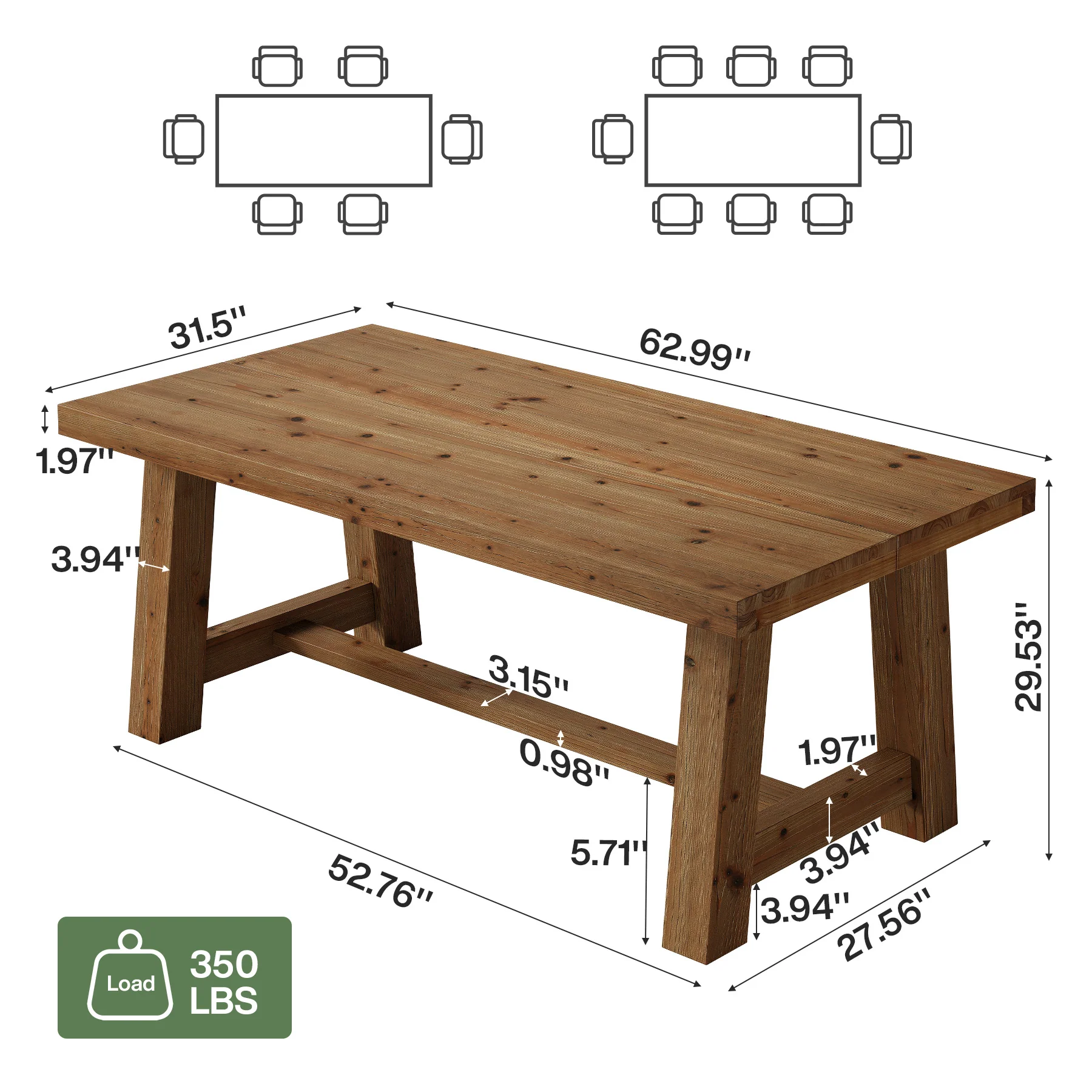 63" Solid Wood Dining Table, Rectangular Kitchen Table for 4-6 People - Image 2