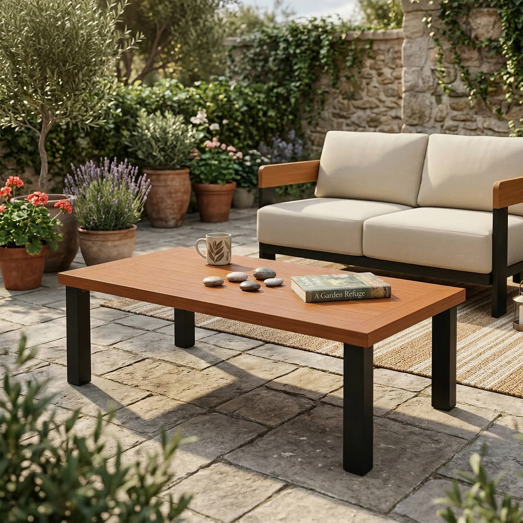 Rectangular Outdoor Coffee Table, 47" Patio Tea Table with Aluminum Frame - Image 3