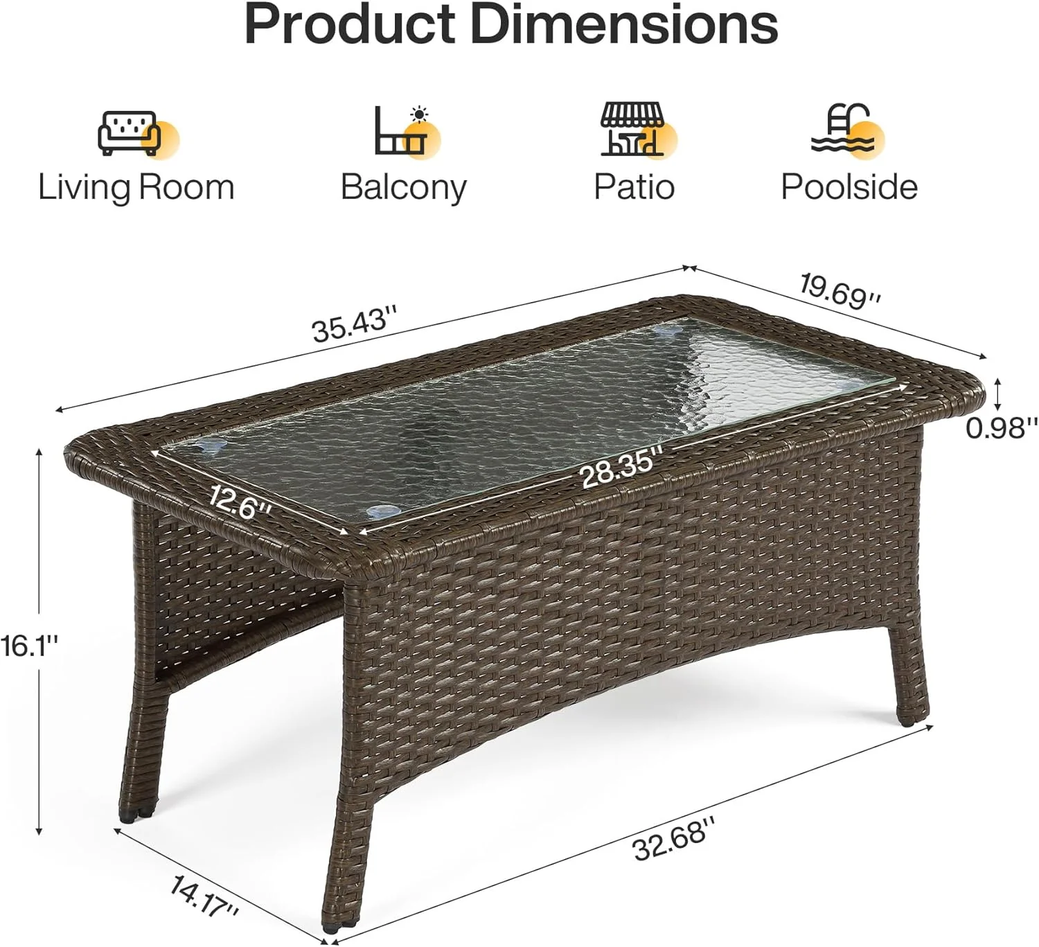35.4" Outdoor Coffee Table, Rectangular Wicker Center Table With Glass Top - Image 2