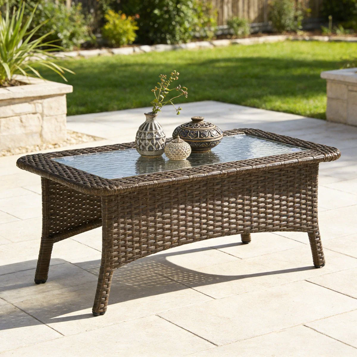35.4" Outdoor Coffee Table, Rectangular Wicker Center Table With Glass Top - Image 4