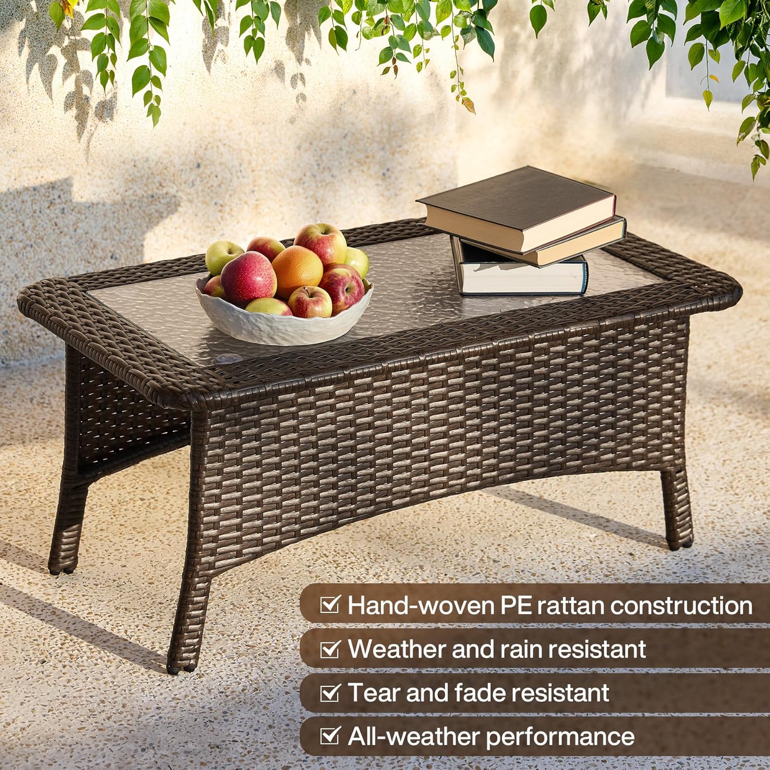 35.4" Outdoor Coffee Table, Rectangular Wicker Center Table With Glass Top - Image 5