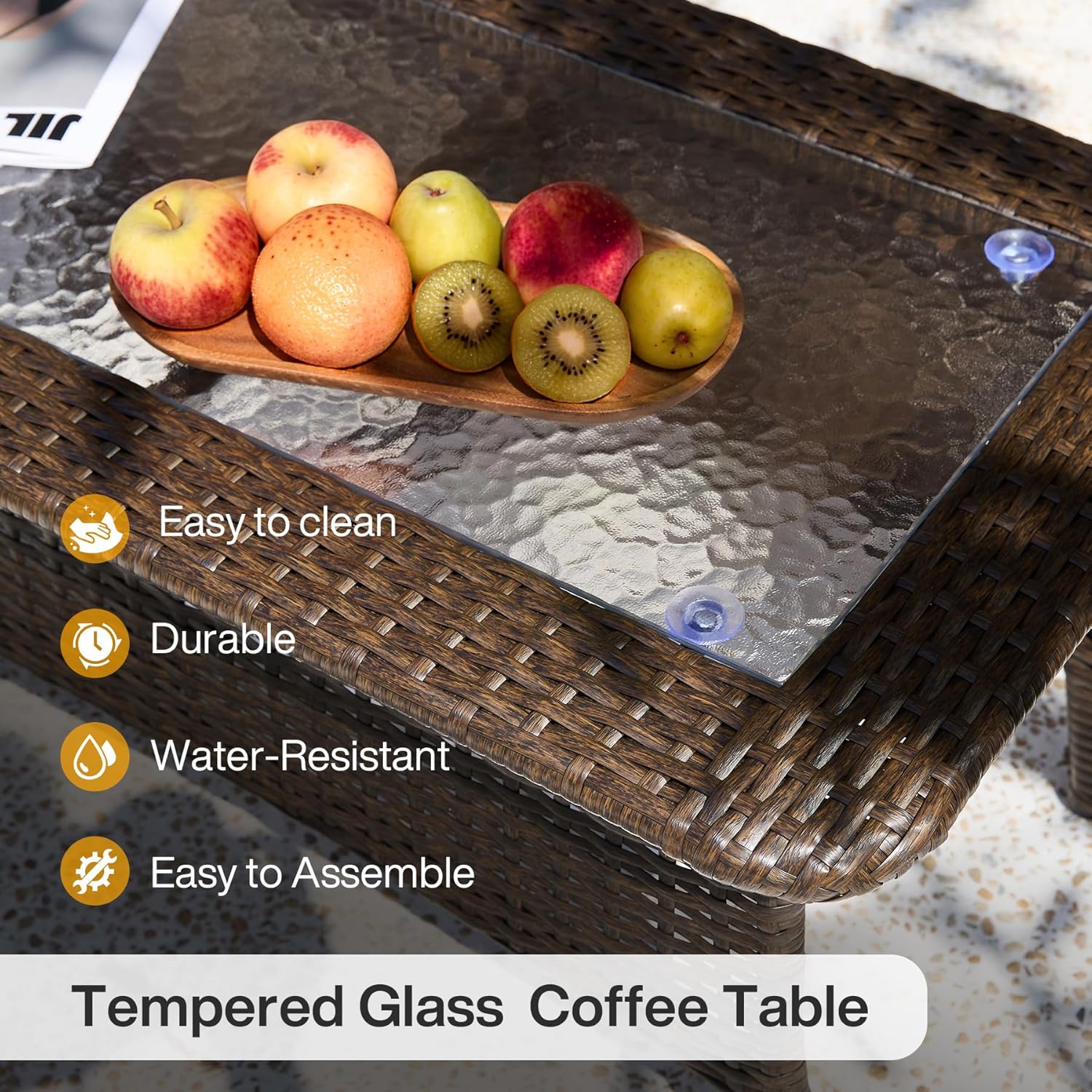 35.4" Outdoor Coffee Table, Rectangular Wicker Center Table With Glass Top - Image 6
