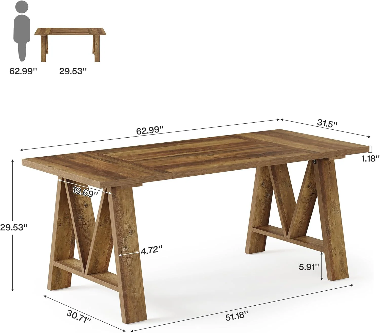 63" Dining Table, Rectangular Wooden Kitchen Table for 4-6 - Image 2