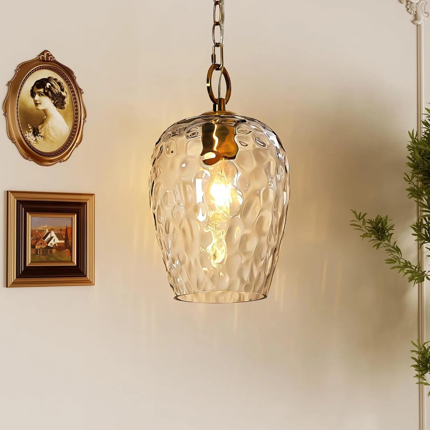 Hammered Glass Pendant Light, Rippled Hanging Light with Adjustable 60-Inch Chain
