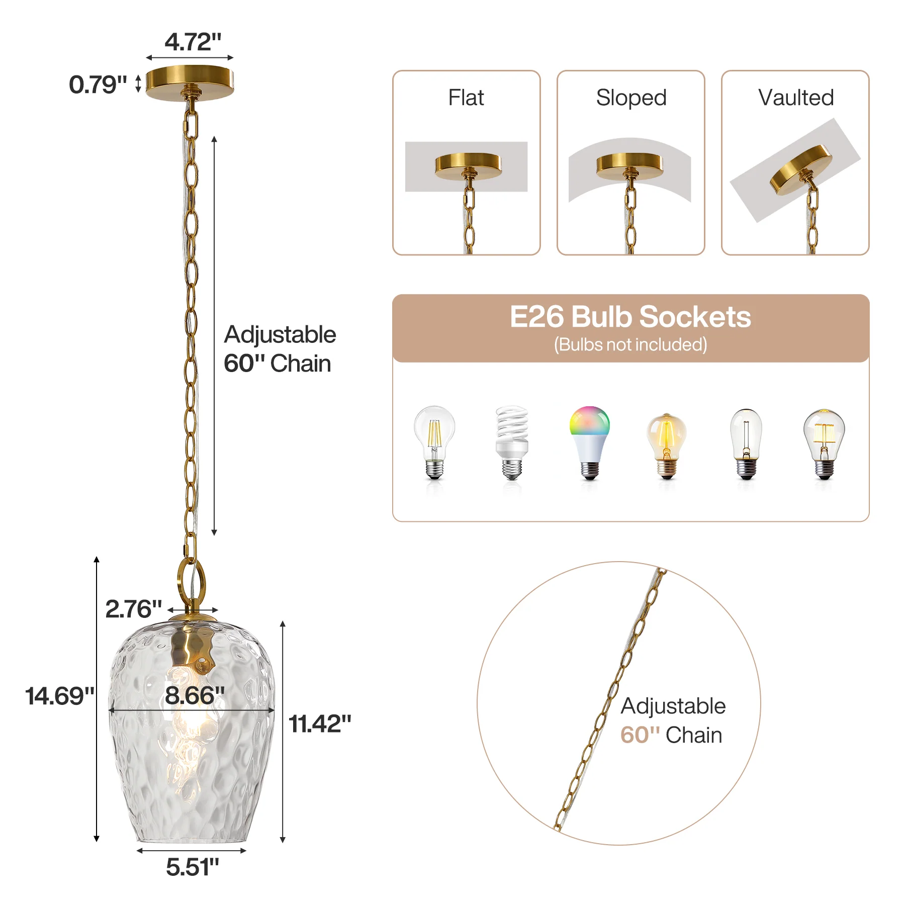 Hammered Glass Pendant Light, Rippled Hanging Light with Adjustable 60-Inch Chain - Image 2