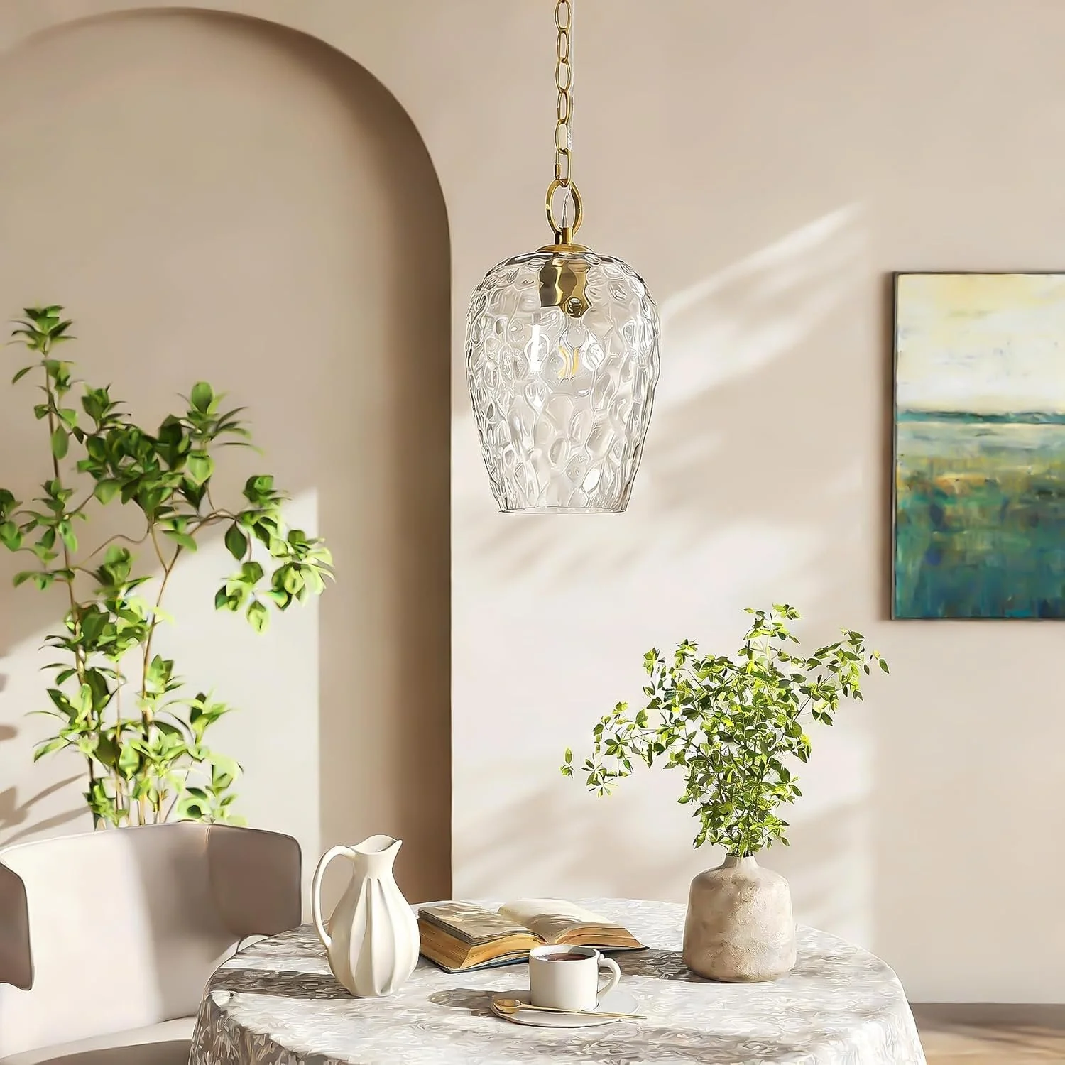 Hammered Glass Pendant Light, Rippled Hanging Light with Adjustable 60-Inch Chain - Image 3