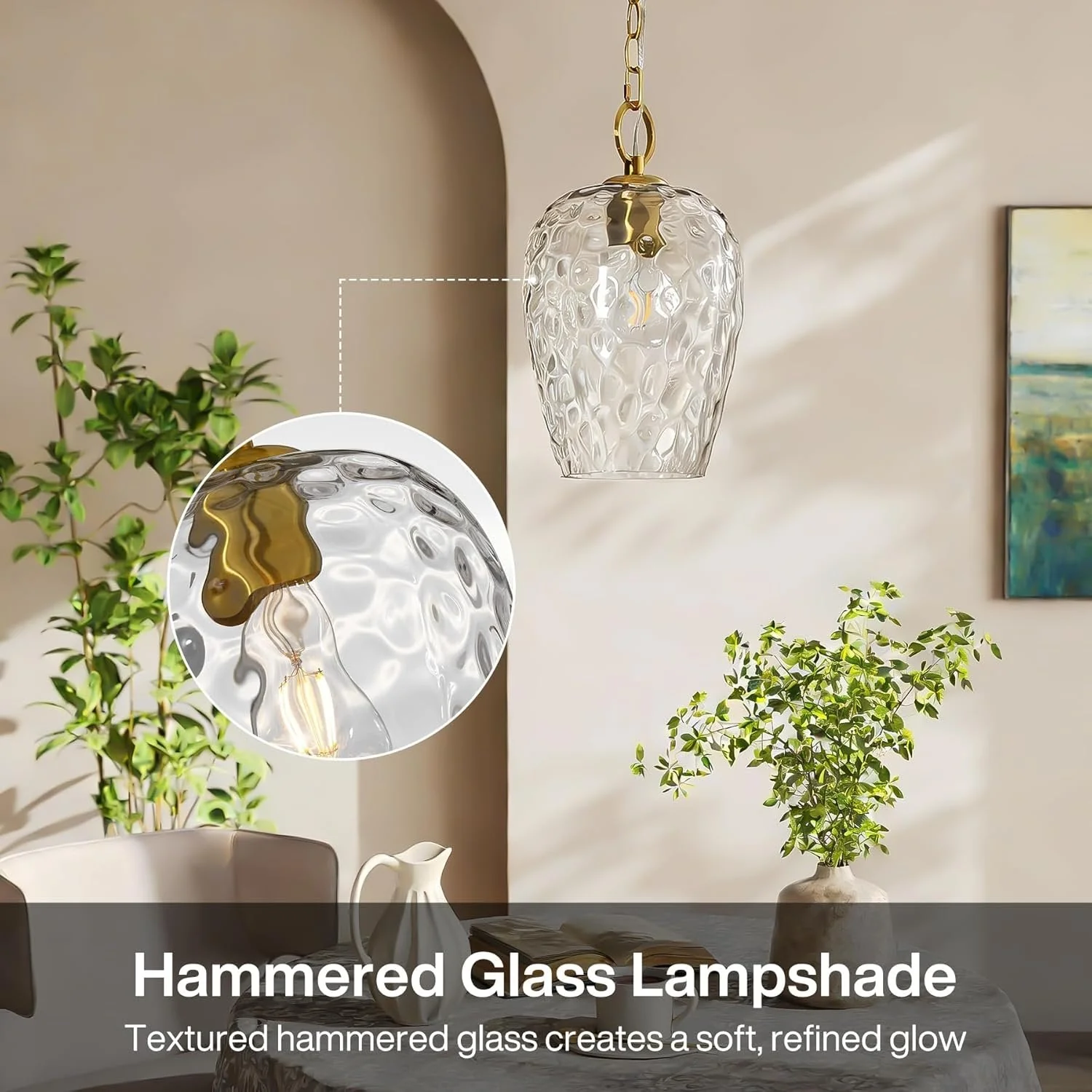 Hammered Glass Pendant Light, Rippled Hanging Light with Adjustable 60-Inch Chain - Image 6