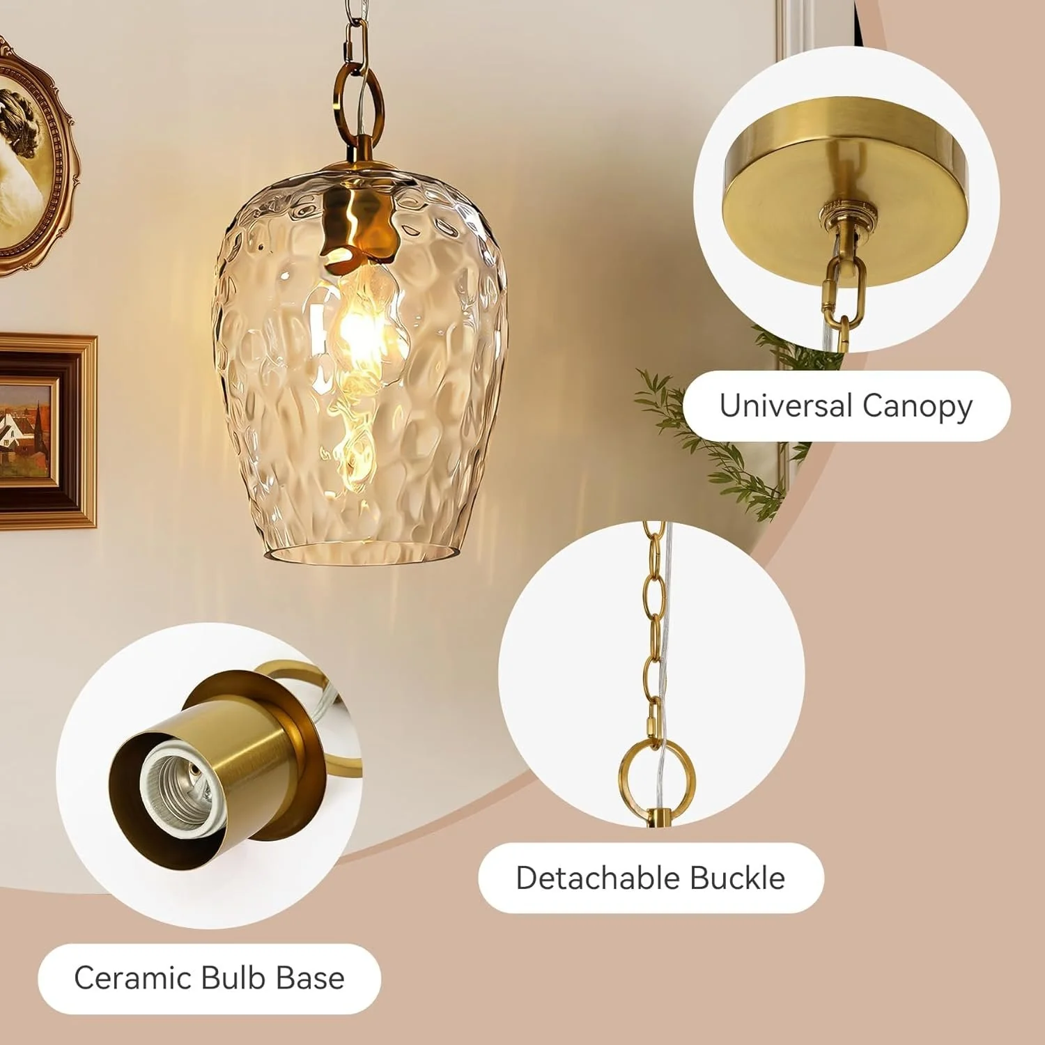Hammered Glass Pendant Light, Rippled Hanging Light with Adjustable 60-Inch Chain - Image 8