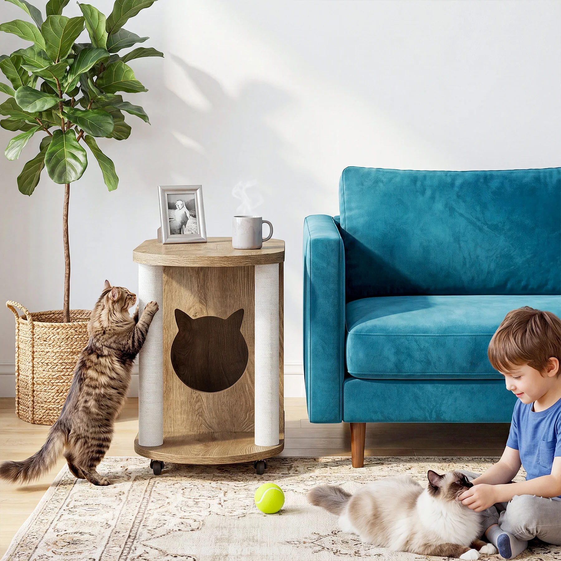 Rolling Sofa Side Table, End Table with Scratching Posts and Cat Bed - Image 4