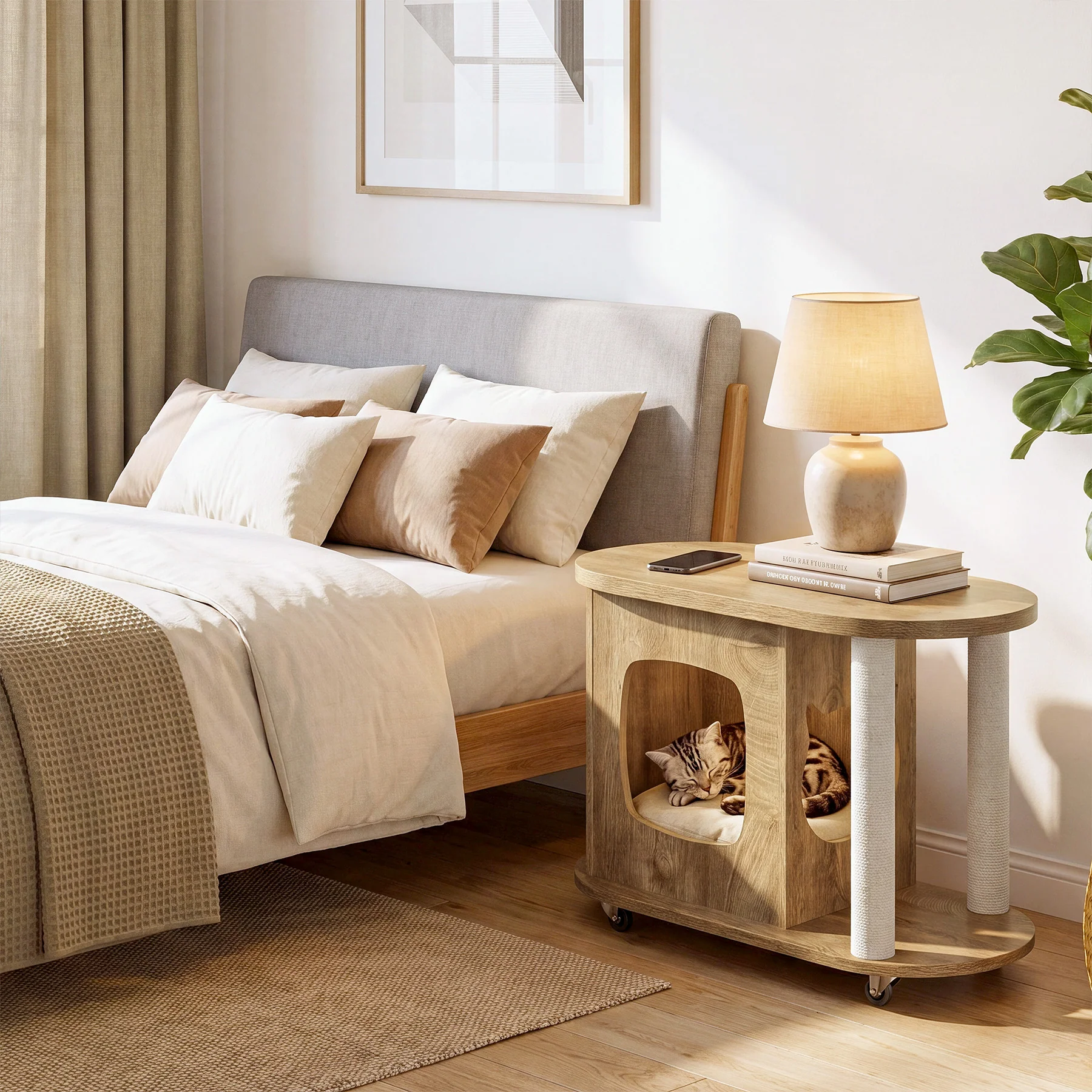 Rolling Sofa Side Table, End Table with Scratching Posts and Cat Bed - Image 5