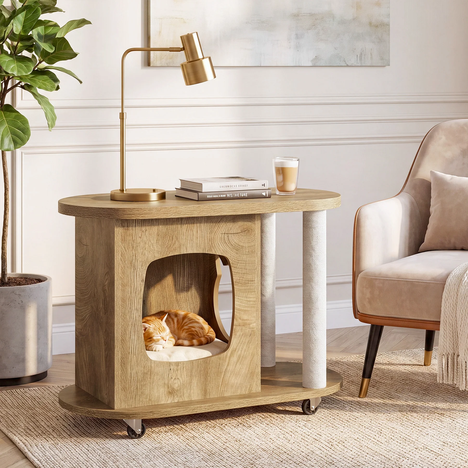Rolling Sofa Side Table, End Table with Scratching Posts and Cat Bed - Image 6