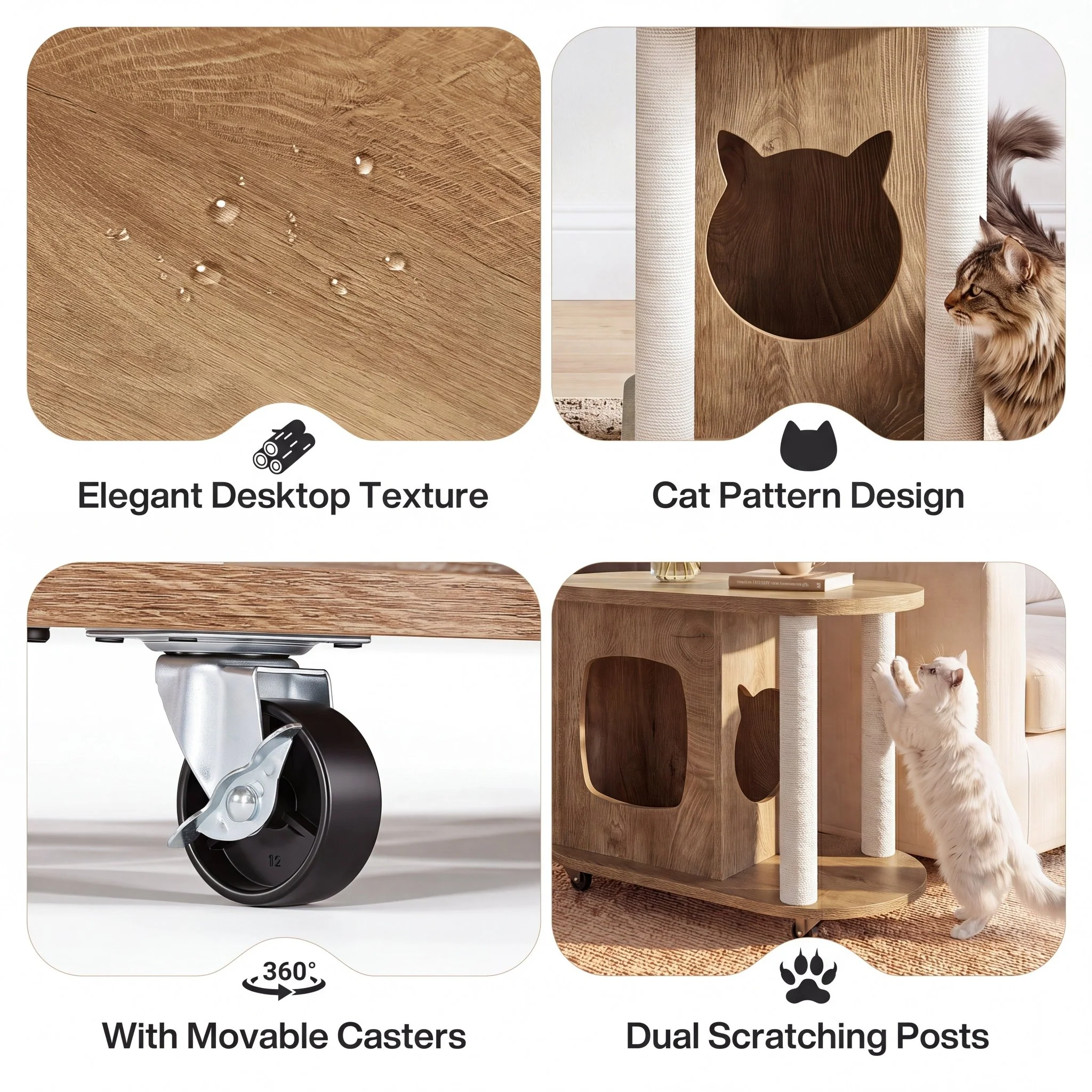 Rolling Sofa Side Table, End Table with Scratching Posts and Cat Bed - Image 7