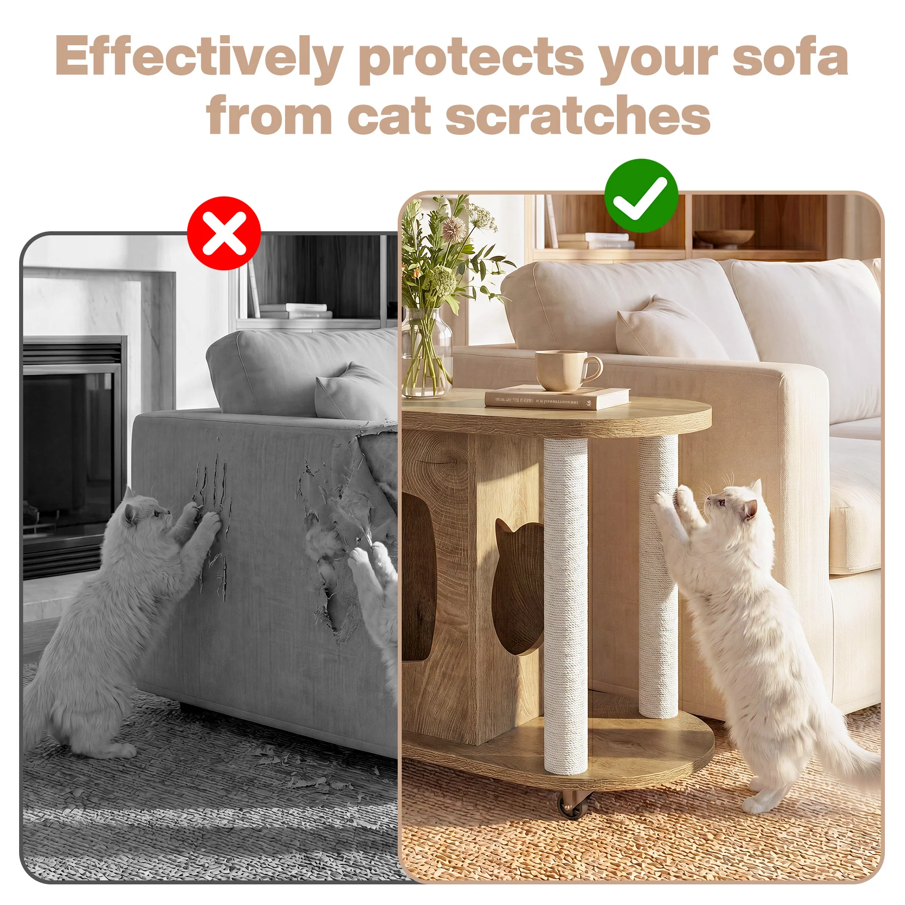 Rolling Sofa Side Table, End Table with Scratching Posts and Cat Bed - Image 8