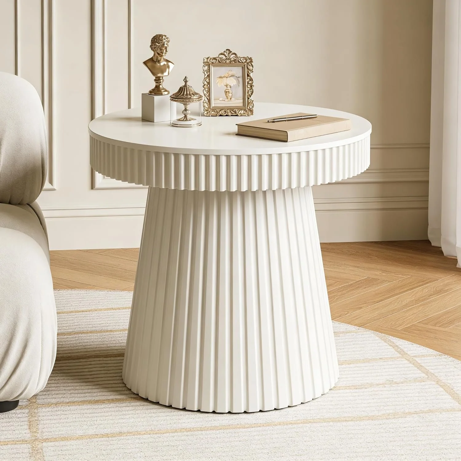 31.5" End Table, Round Bedside Table Nightstand with Fluted Pedestal - Image 4