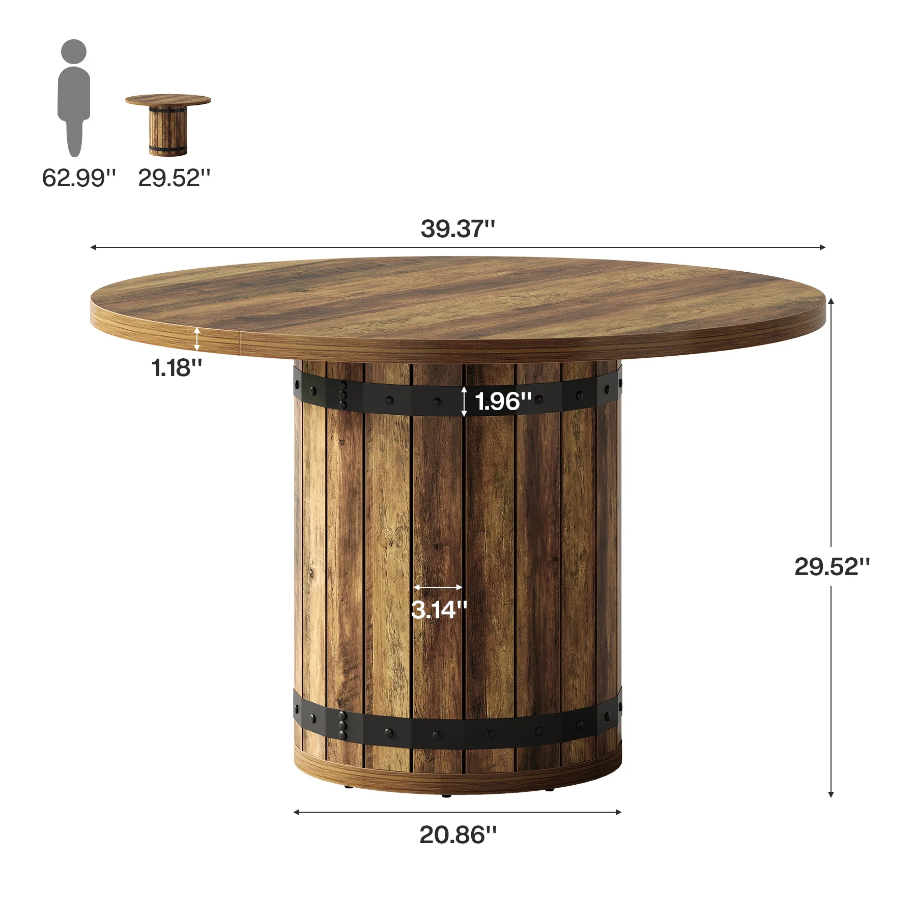 39.37" Dining Table, Round Kitchen Table with Fence Pedestal Base for 4 People - Image 2