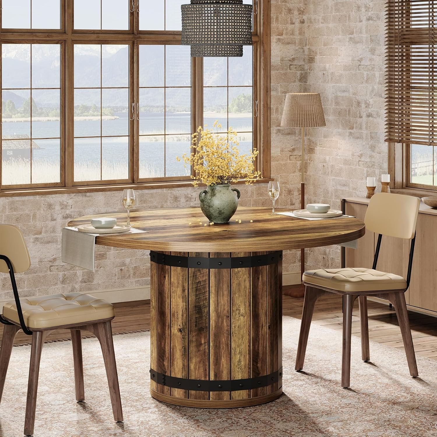 39.37" Dining Table, Round Kitchen Table with Fence Pedestal Base for 4 People - Image 3
