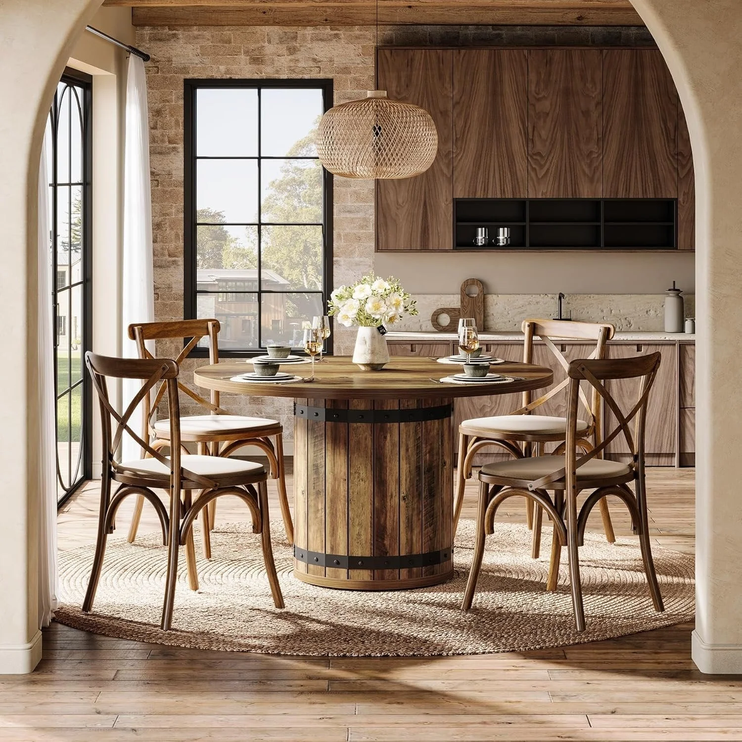 39.37" Dining Table, Round Kitchen Table with Fence Pedestal Base for 4 People - Image 4