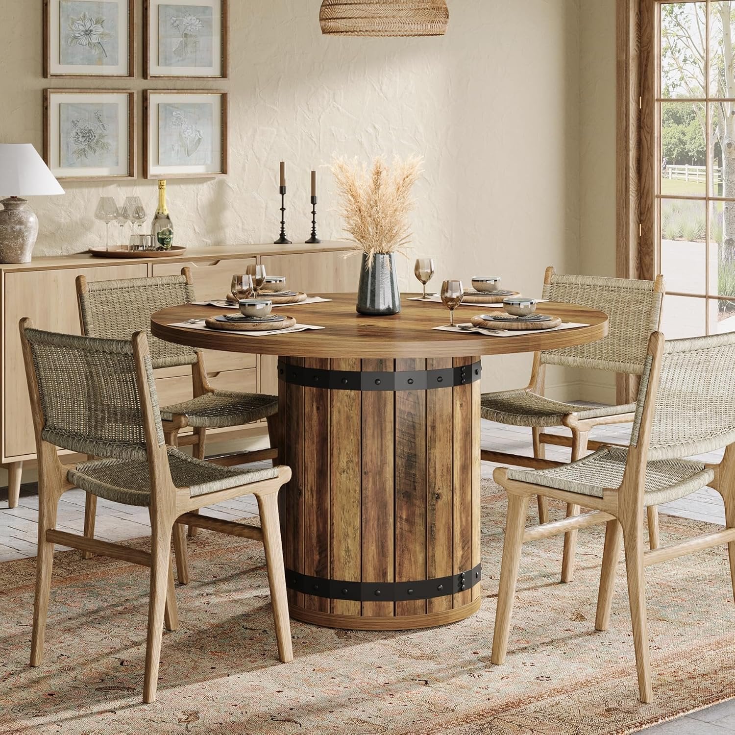 39.37" Dining Table, Round Kitchen Table with Fence Pedestal Base for 4 People - Image 5