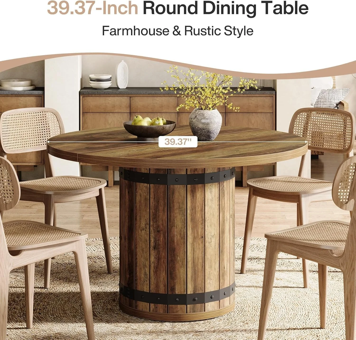 39.37" Dining Table, Round Kitchen Table with Fence Pedestal Base for 4 People - Image 6