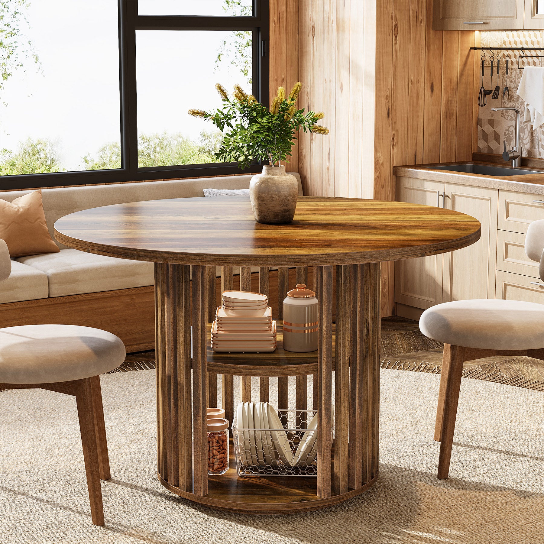 47" Farmhouse Dining Table, Round Kitchen Table with 2-Tier Storage Shelf - Image 3