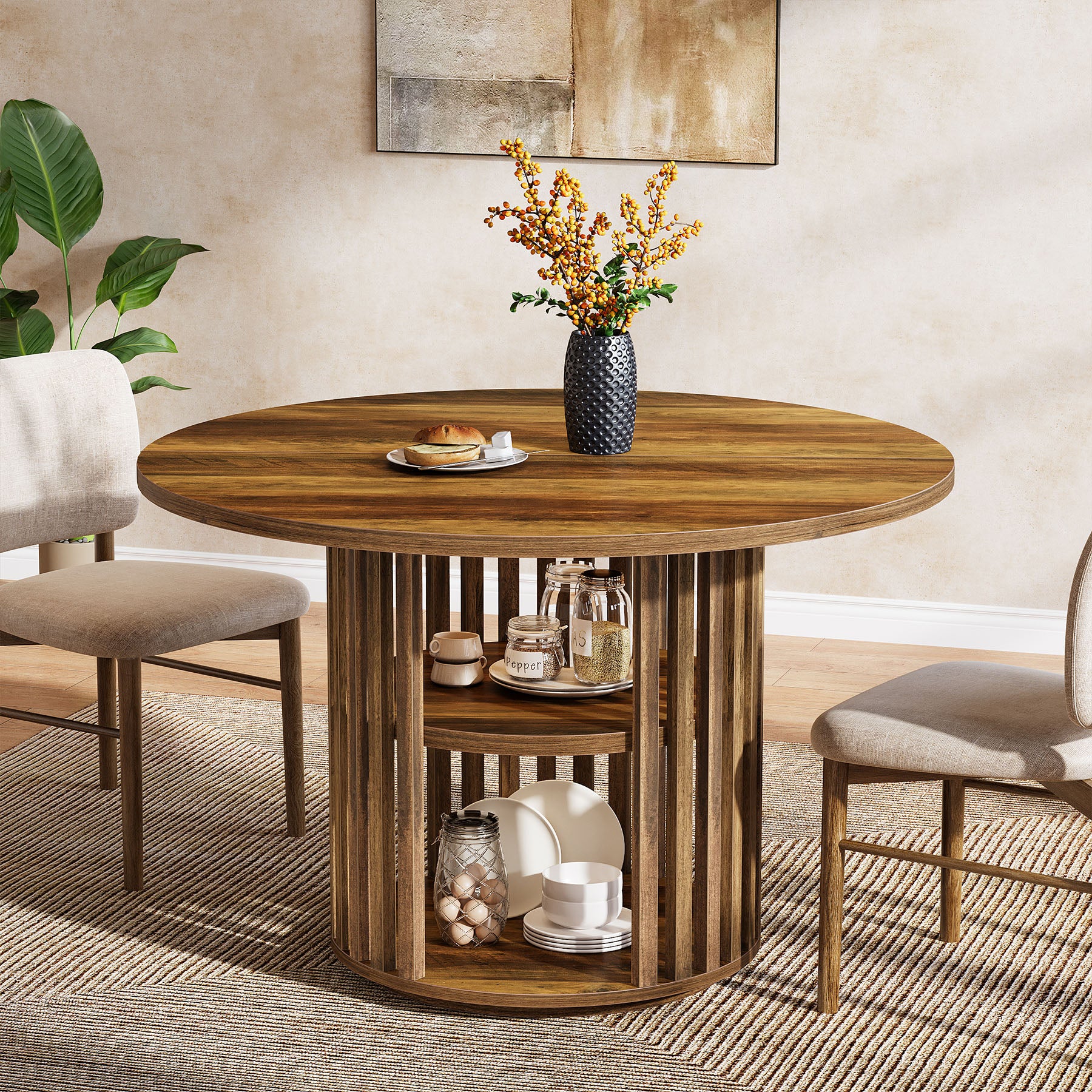 47" Farmhouse Dining Table, Round Kitchen Table with 2-Tier Storage Shelf - Image 4