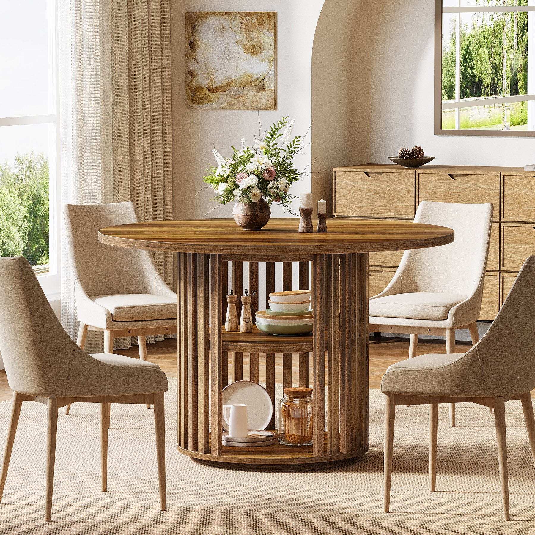 47" Farmhouse Dining Table, Round Kitchen Table with 2-Tier Storage Shelf - Image 5