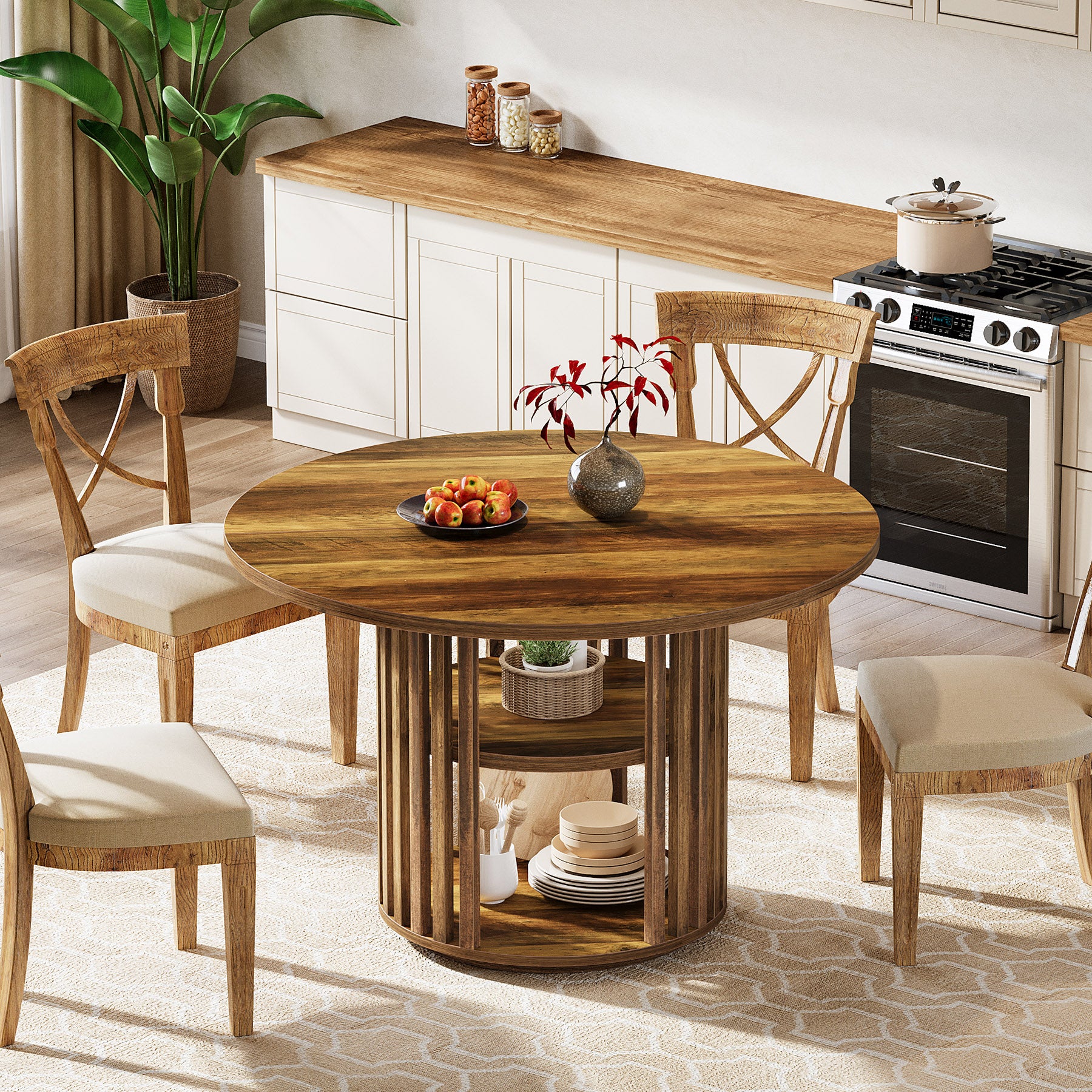 47" Farmhouse Dining Table, Round Kitchen Table with 2-Tier Storage Shelf - Image 6