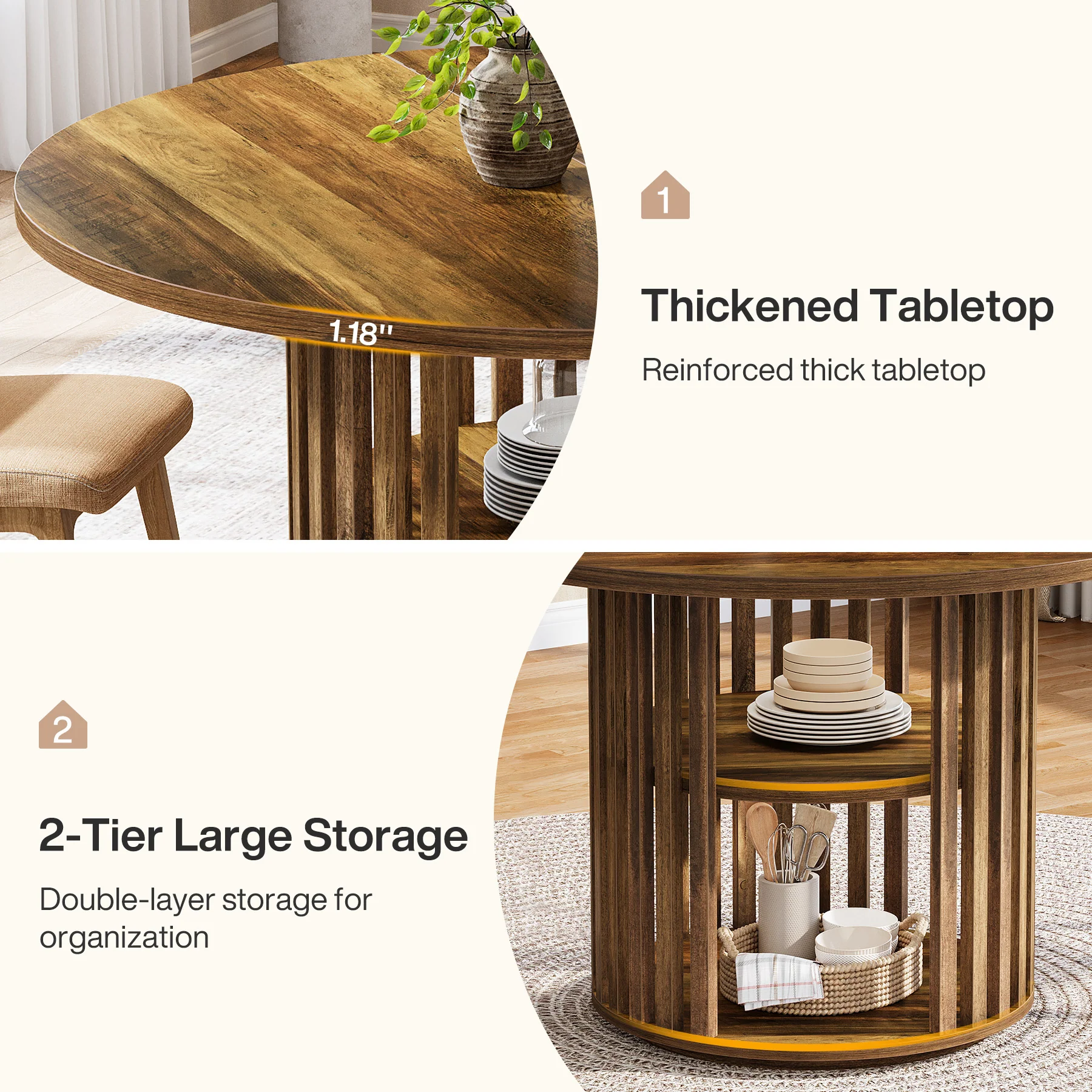 47" Farmhouse Dining Table, Round Kitchen Table with 2-Tier Storage Shelf - Image 7