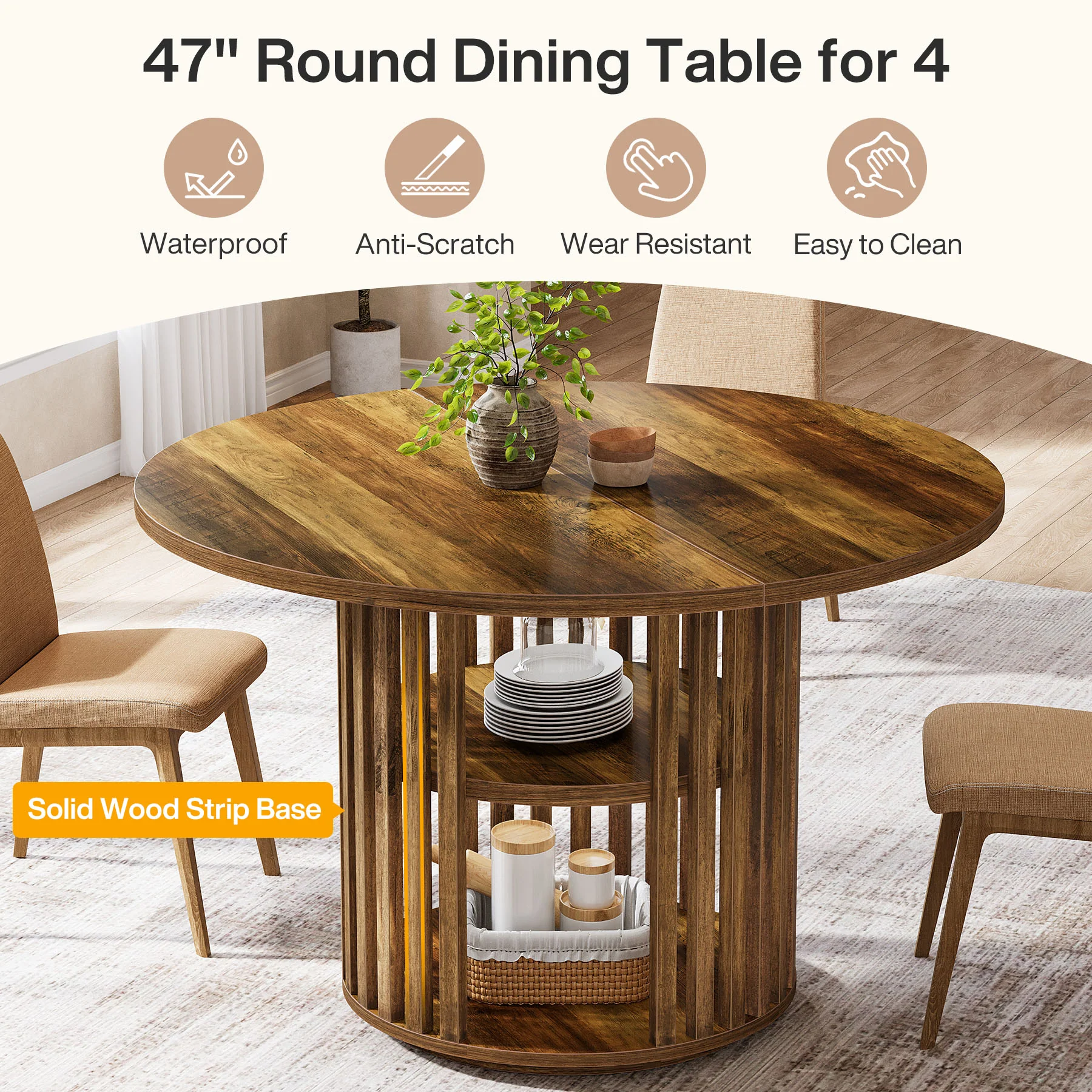 47" Farmhouse Dining Table, Round Kitchen Table with 2-Tier Storage Shelf - Image 8