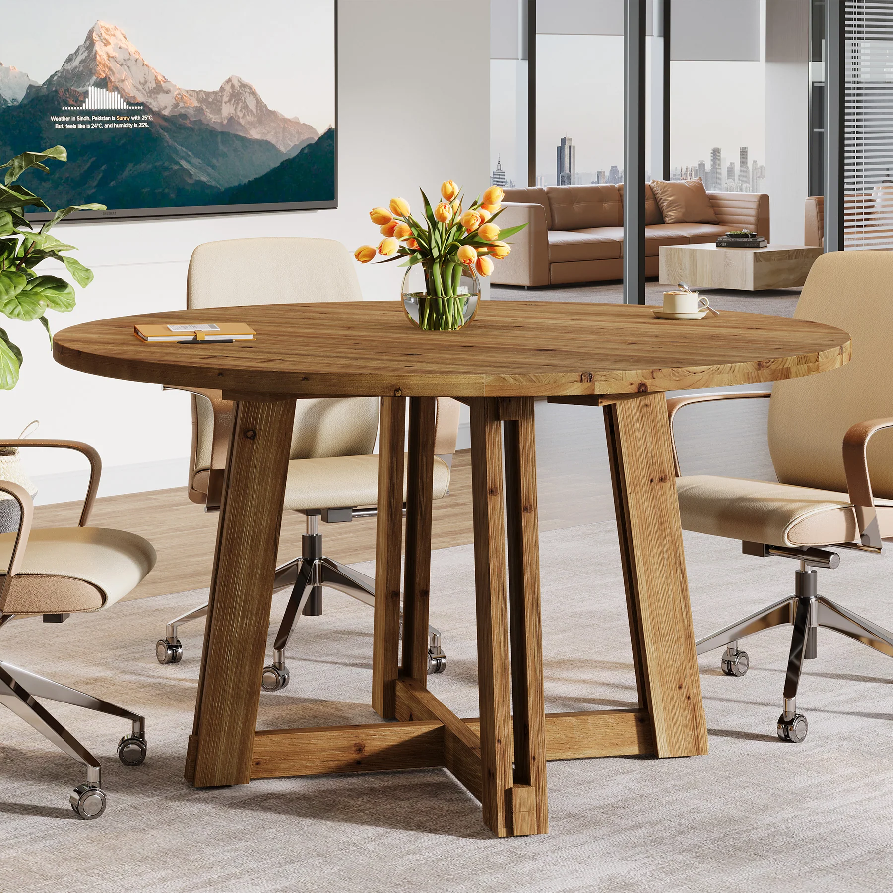 47" Wood Conference Table, Round Meeting Table with Thickened Tabletop - Image 4