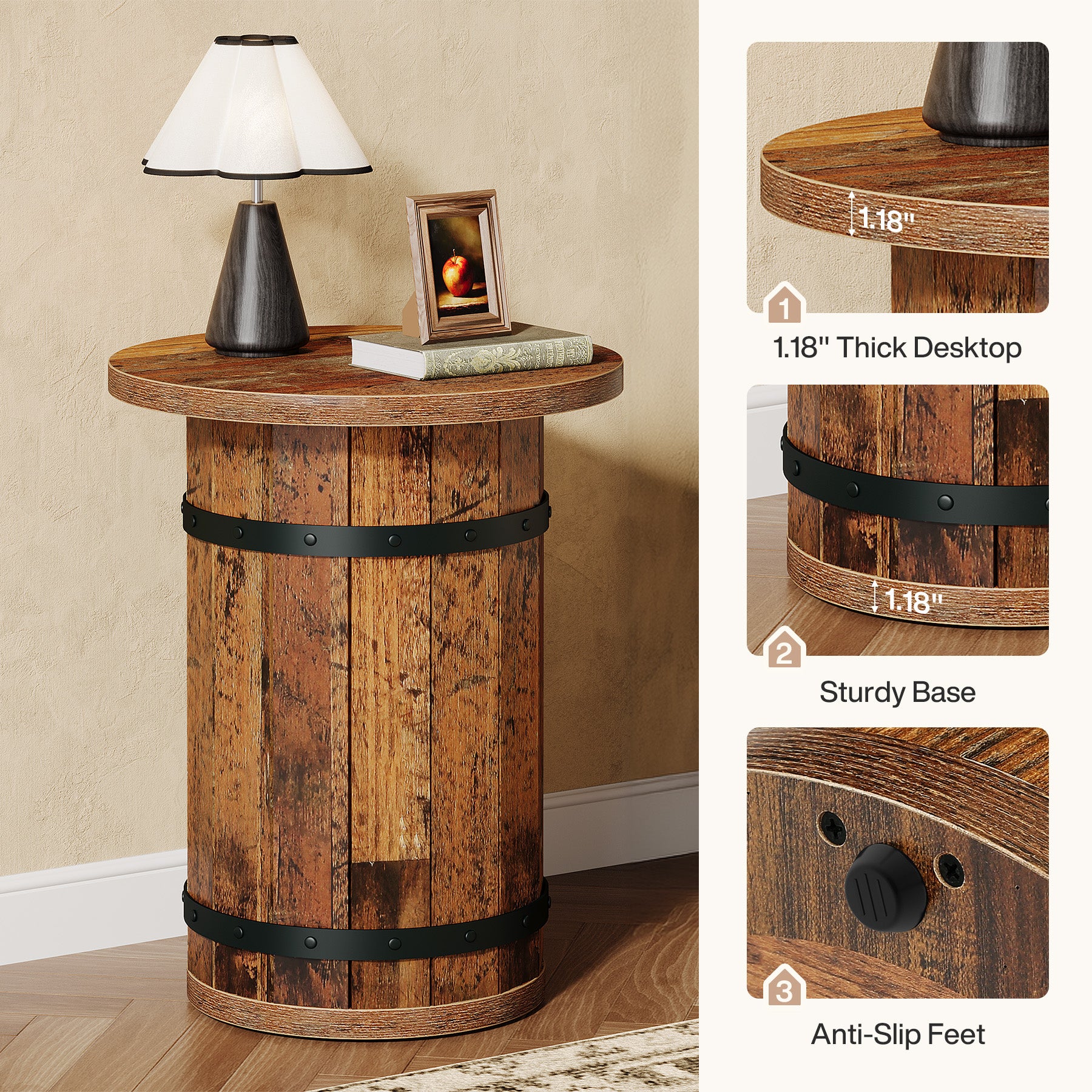 25.6" Tall End Table, Round Side Table Nightstand with Sturdy Base - Image 7