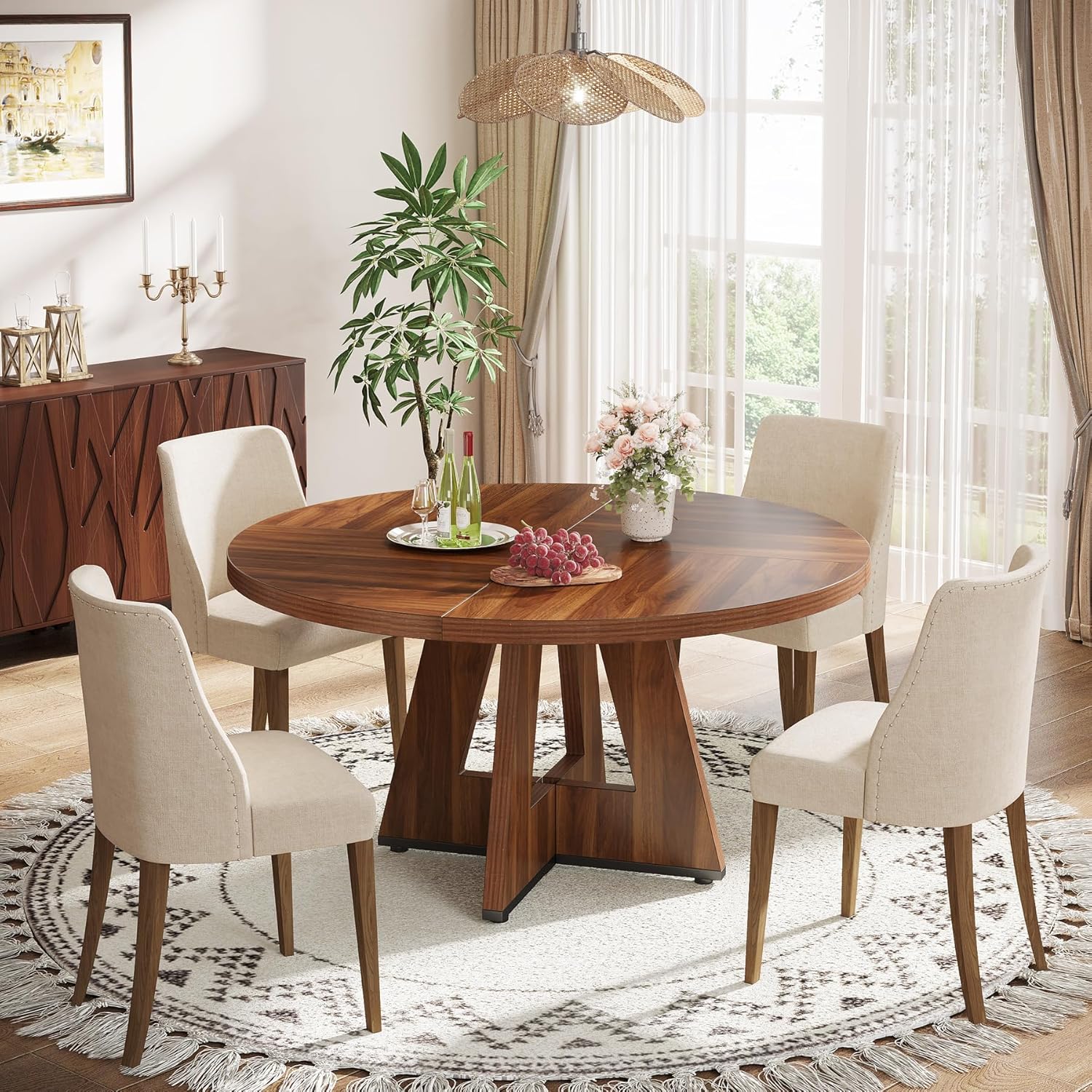 47" Farmhouse Dining Table, Round Wooden Kitchen Dinner Table for 4 People - Image 4