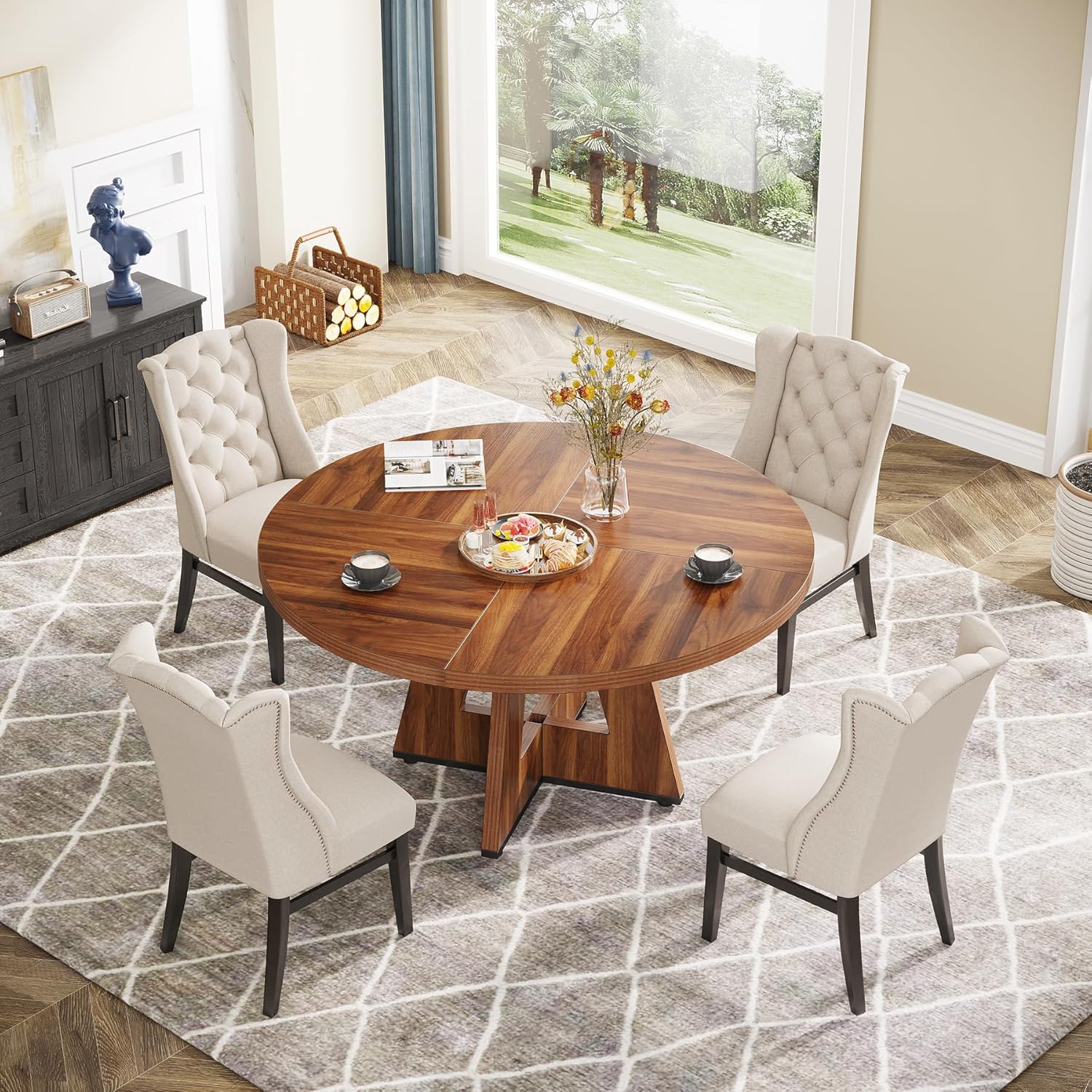 47" Farmhouse Dining Table, Round Wooden Kitchen Dinner Table for 4 People - Image 6