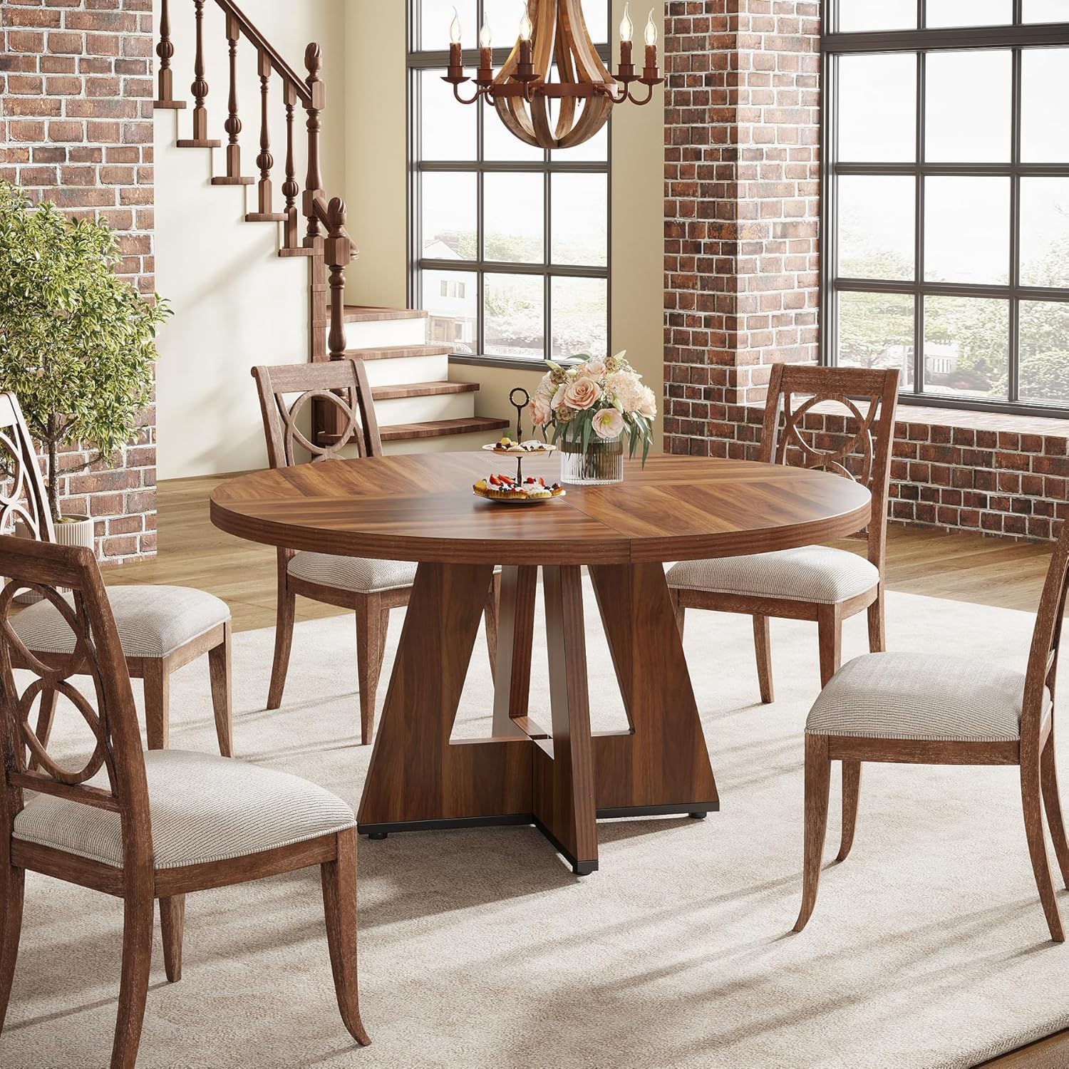 47" Farmhouse Dining Table, Round Wooden Kitchen Dinner Table for 4 People - Image 7