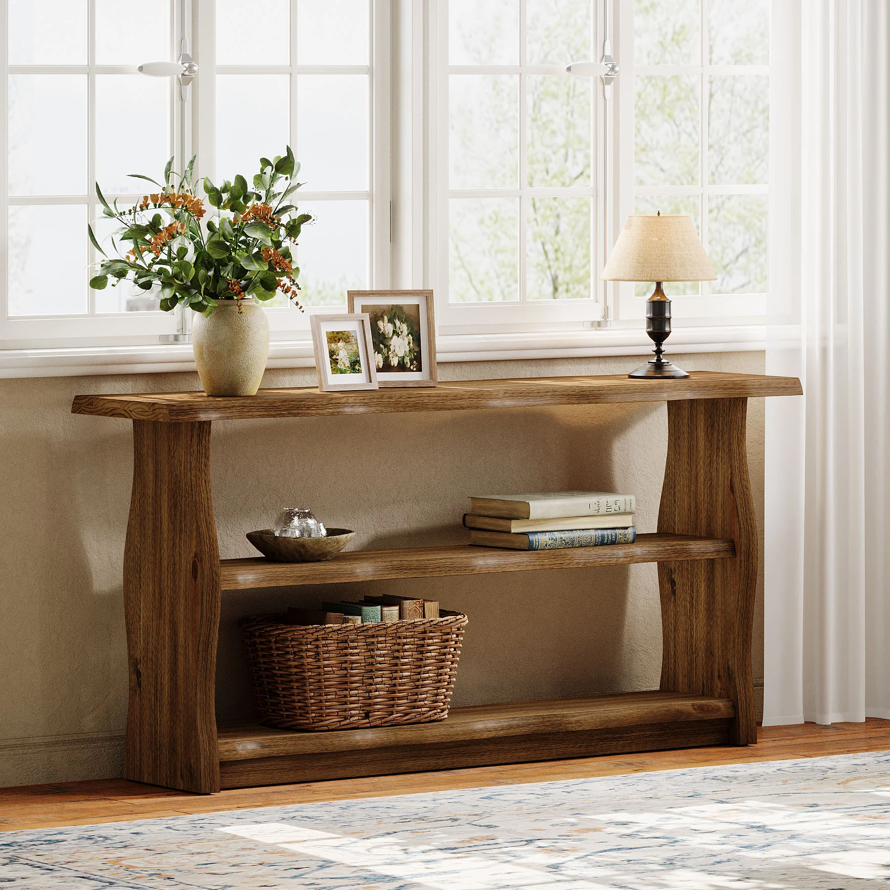 63" Solid Wood Console Table, Rustic 3-Tier Entryway Table with Storage Shelves - Image 10