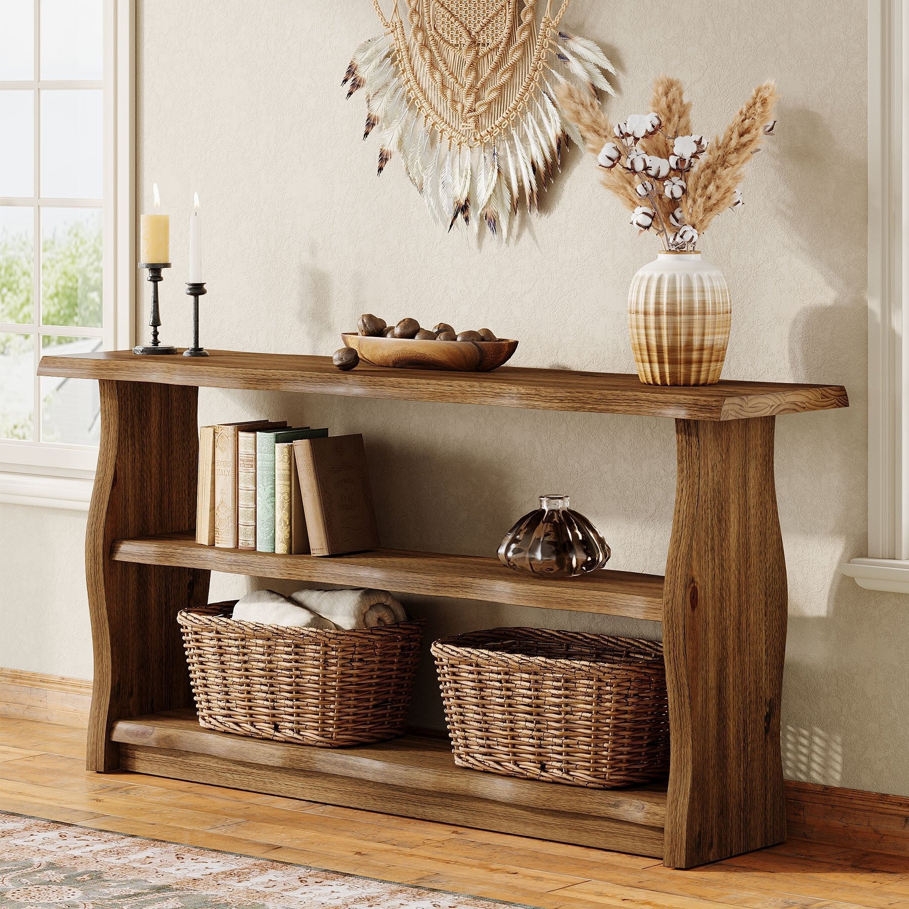 63" Solid Wood Console Table, Rustic 3-Tier Entryway Table with Storage Shelves - Image 3