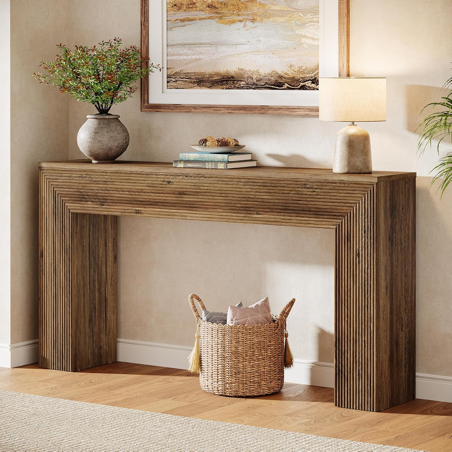 63" Fluted Console Table, Rustic Entryway Table Sofa Table Behind Couch