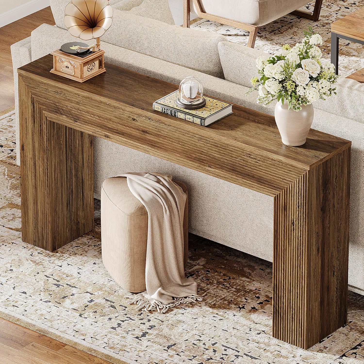 63" Fluted Console Table, Rustic Entryway Table Sofa Table Behind Couch - Image 3