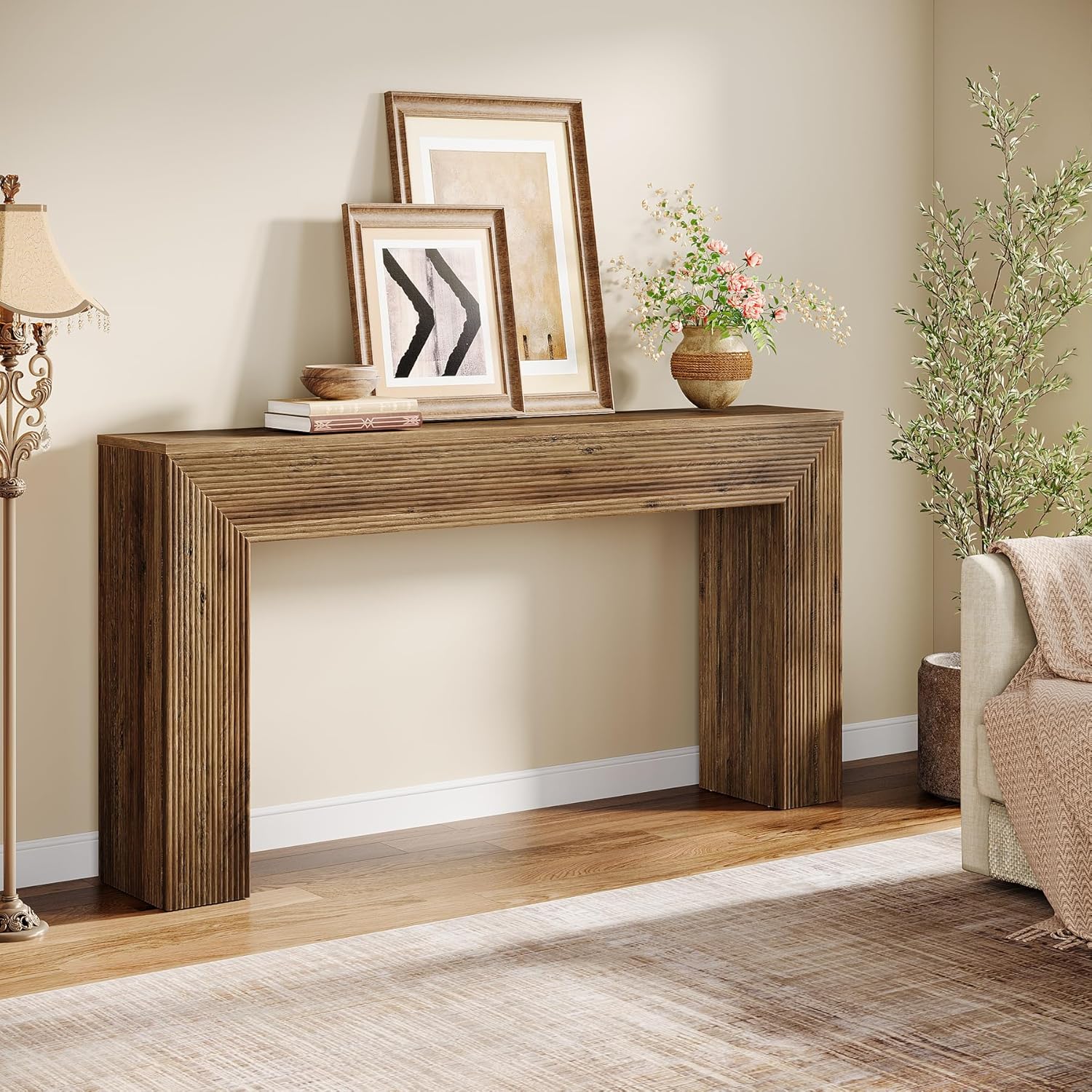 63" Fluted Console Table, Rustic Entryway Table Sofa Table Behind Couch - Image 6