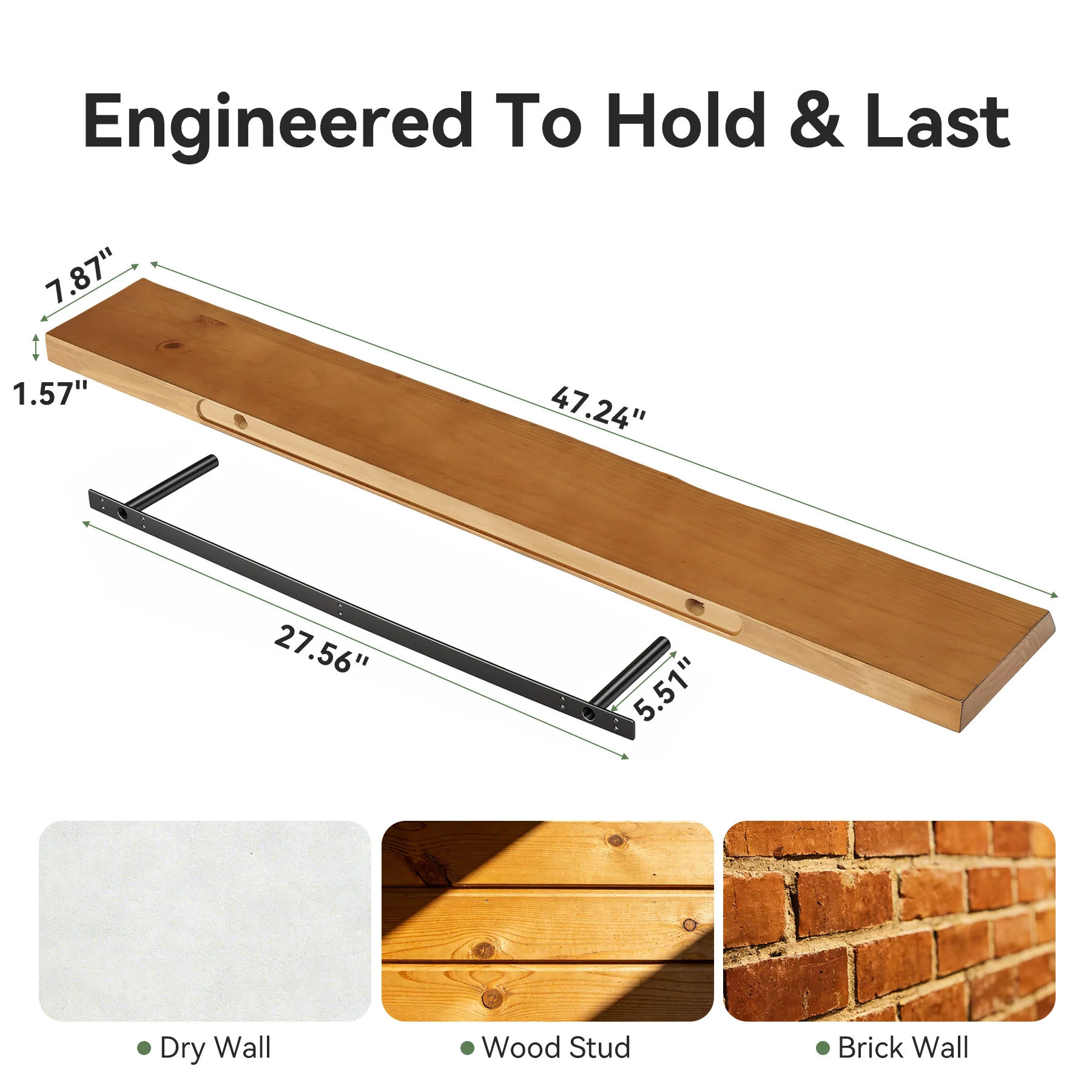 47.2" Floating Shelves for Wall Set of 3, Solid Wood Live Edge Wall Shelves - Image 2