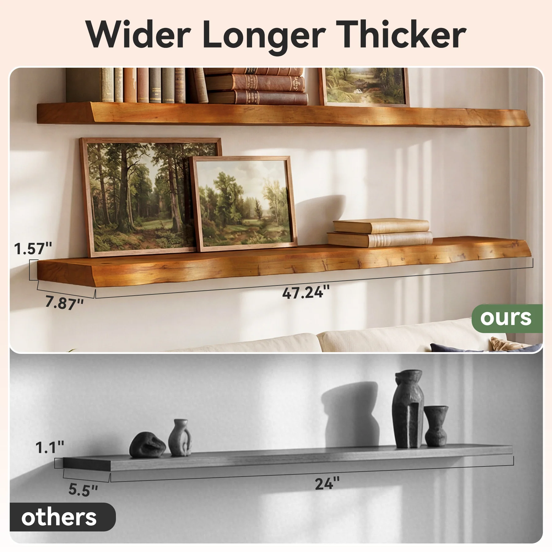 47.2" Floating Shelves for Wall Set of 3, Solid Wood Live Edge Wall Shelves - Image 7