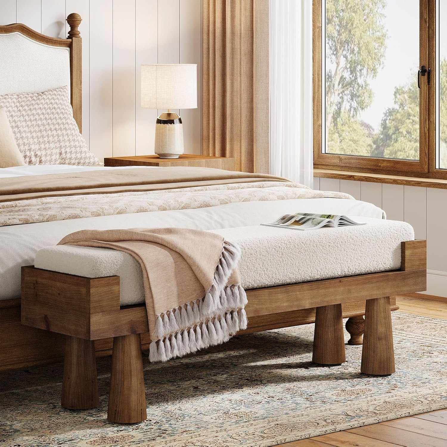 Upholstered Entryway Bench, Shoe Bench End of Bed Footstool with Solid Wood Legs - Image 3