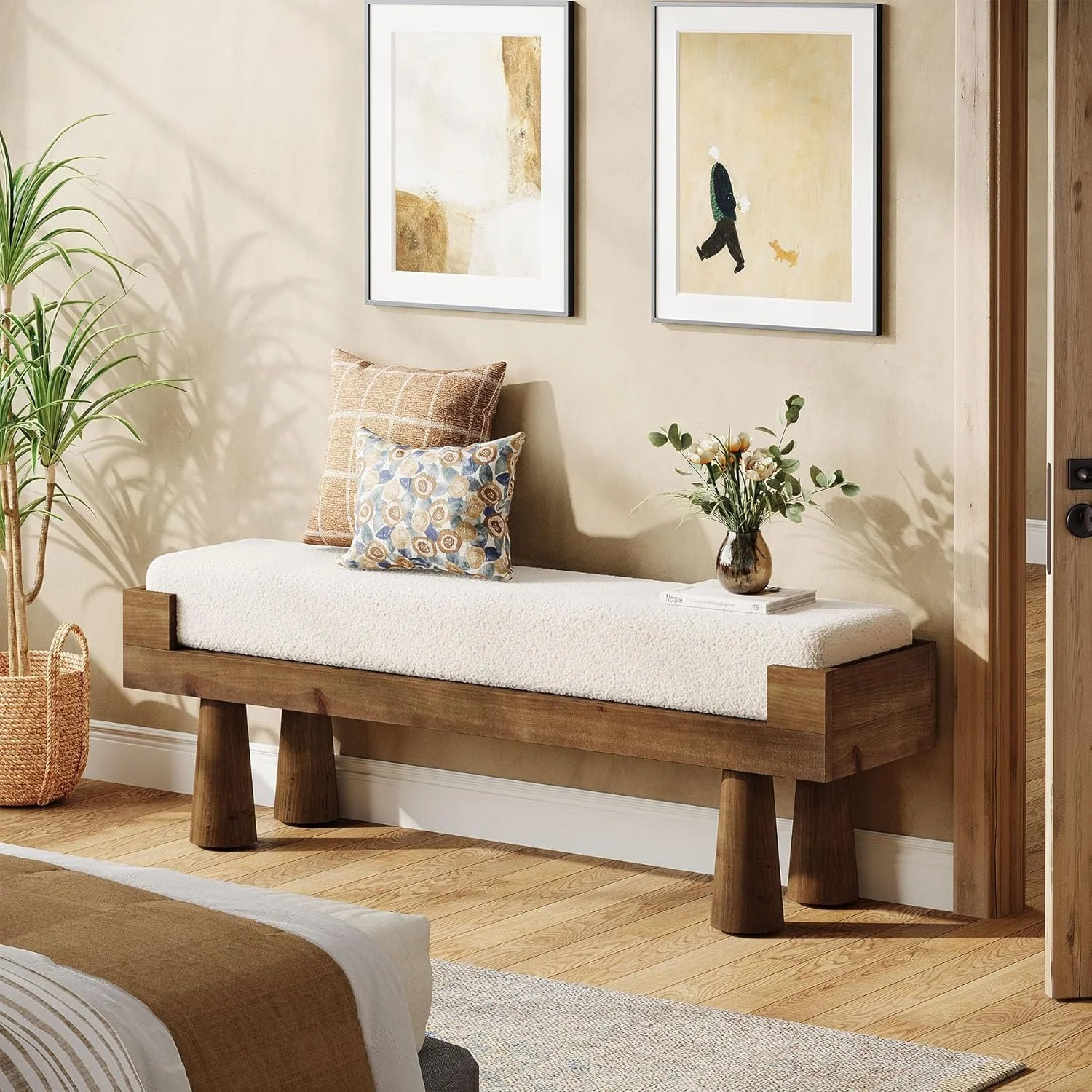 Upholstered Entryway Bench, Shoe Bench End of Bed Footstool with Solid Wood Legs - Image 5