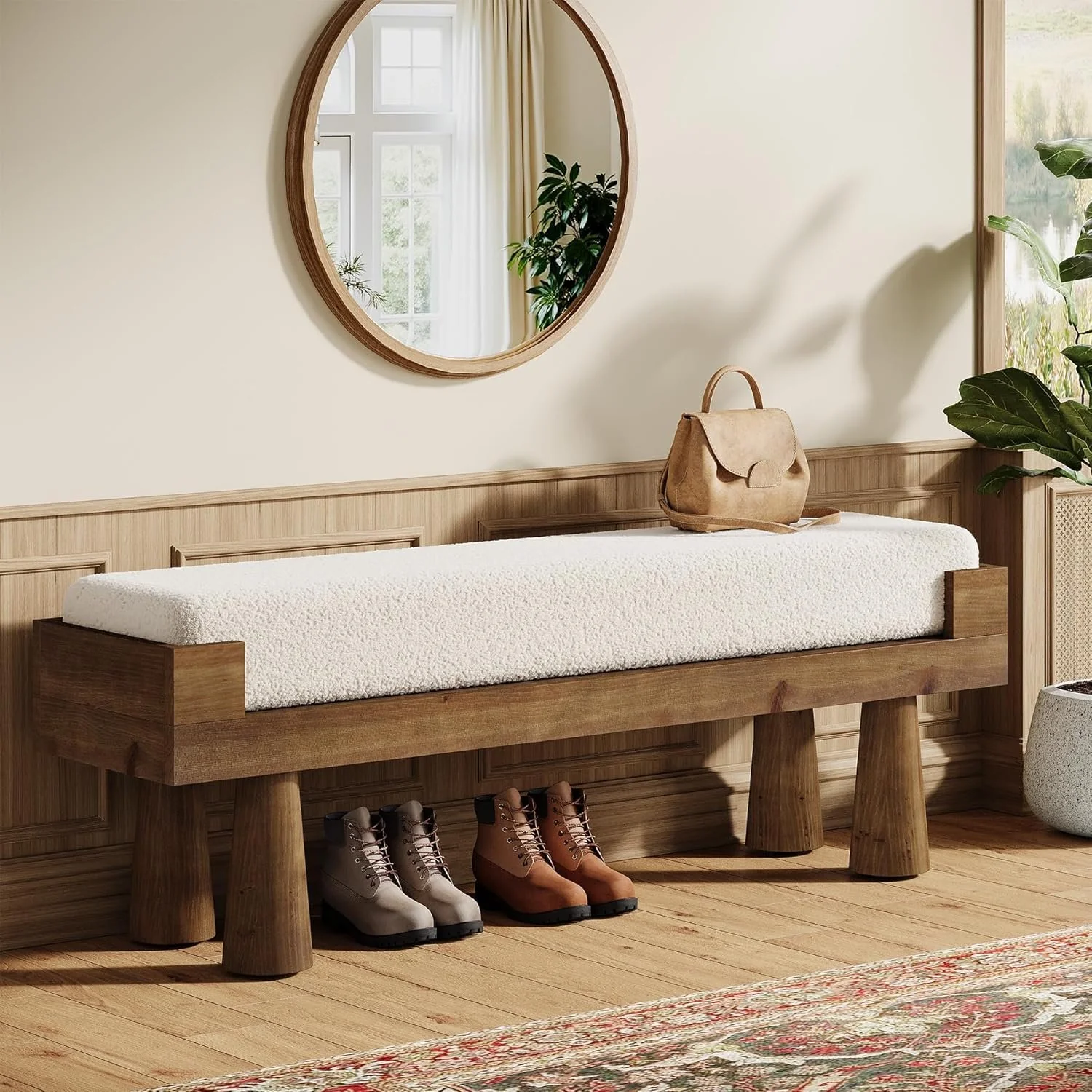 Upholstered Entryway Bench, Shoe Bench End of Bed Footstool with Solid Wood Legs - Image 6