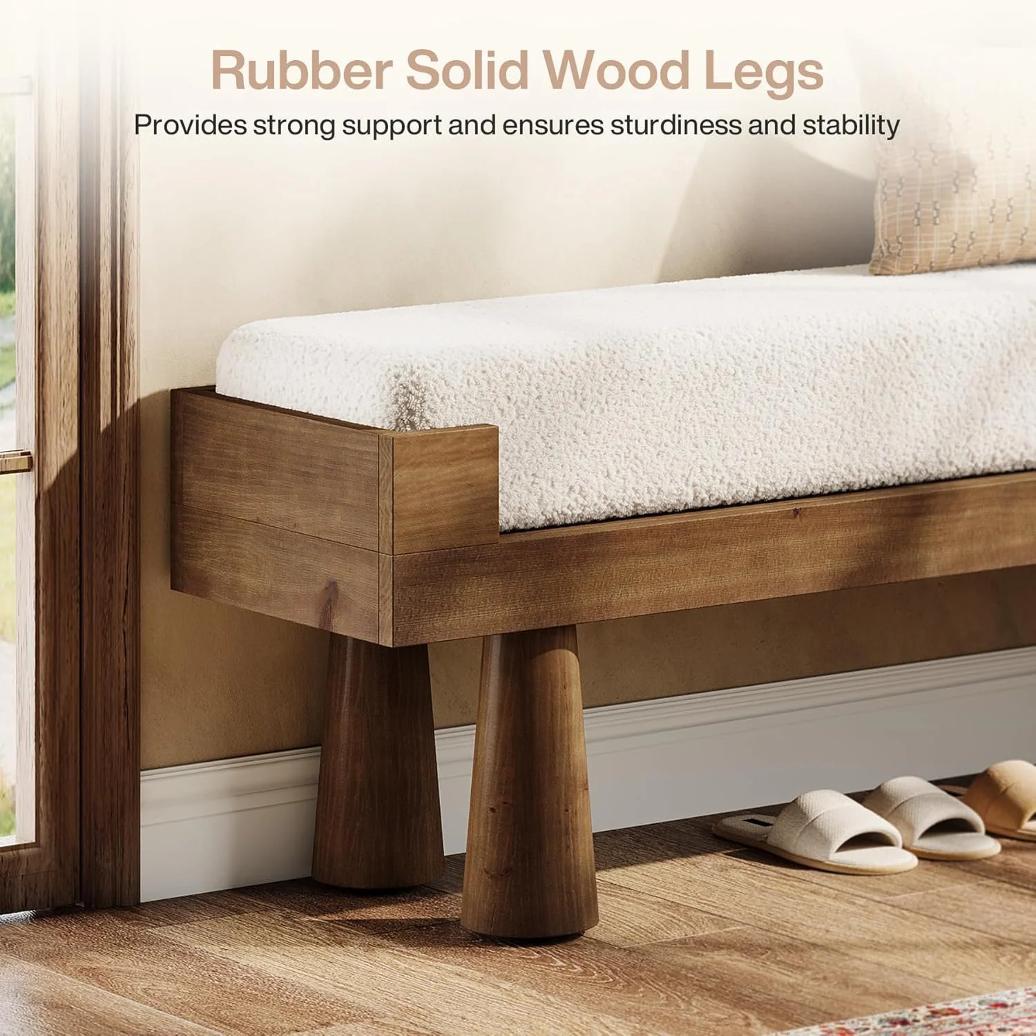Upholstered Entryway Bench, Shoe Bench End of Bed Footstool with Solid Wood Legs - Image 7