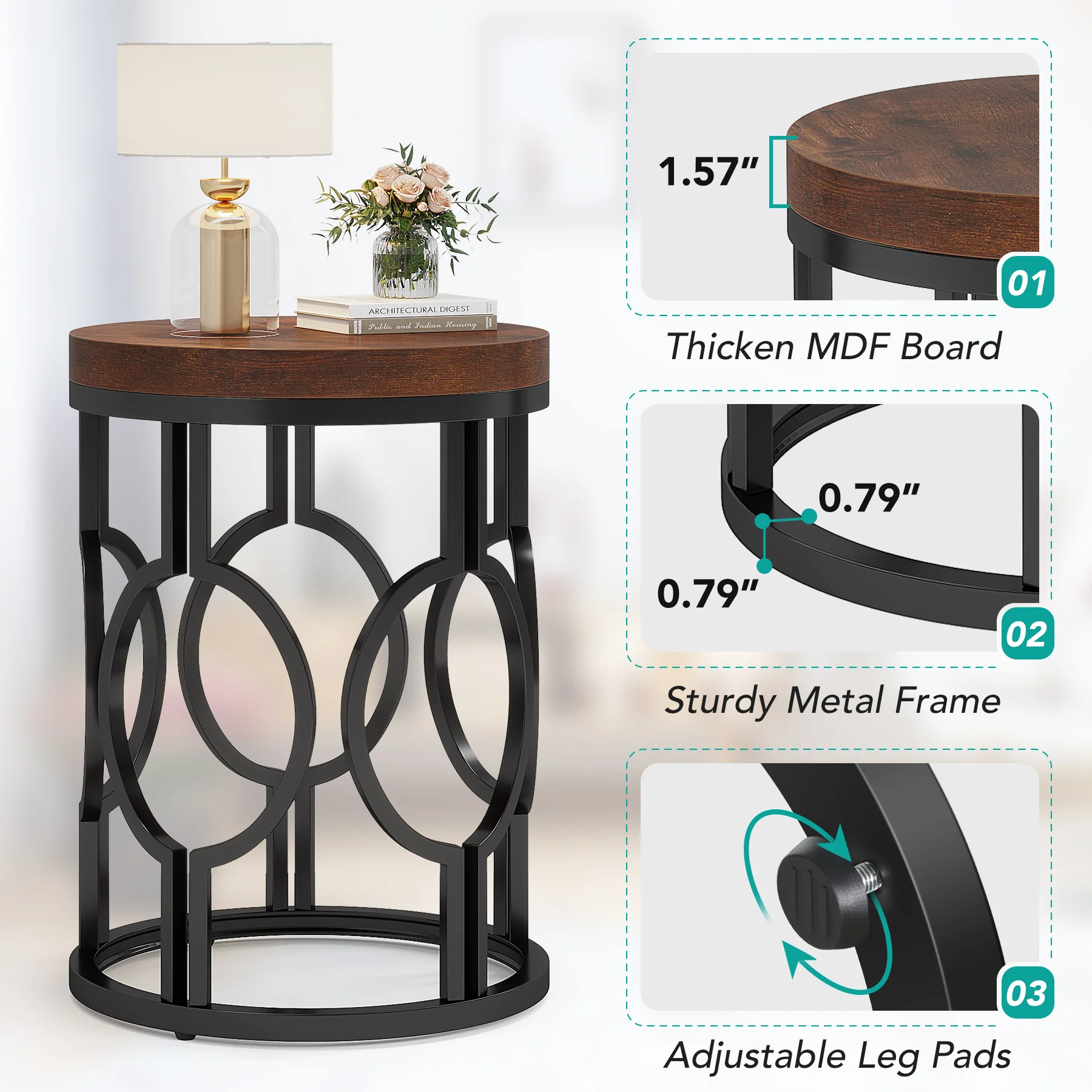 Small Round End Table, Industrial Metal Frame Side Table for Living Room & Bedroom - Image 10