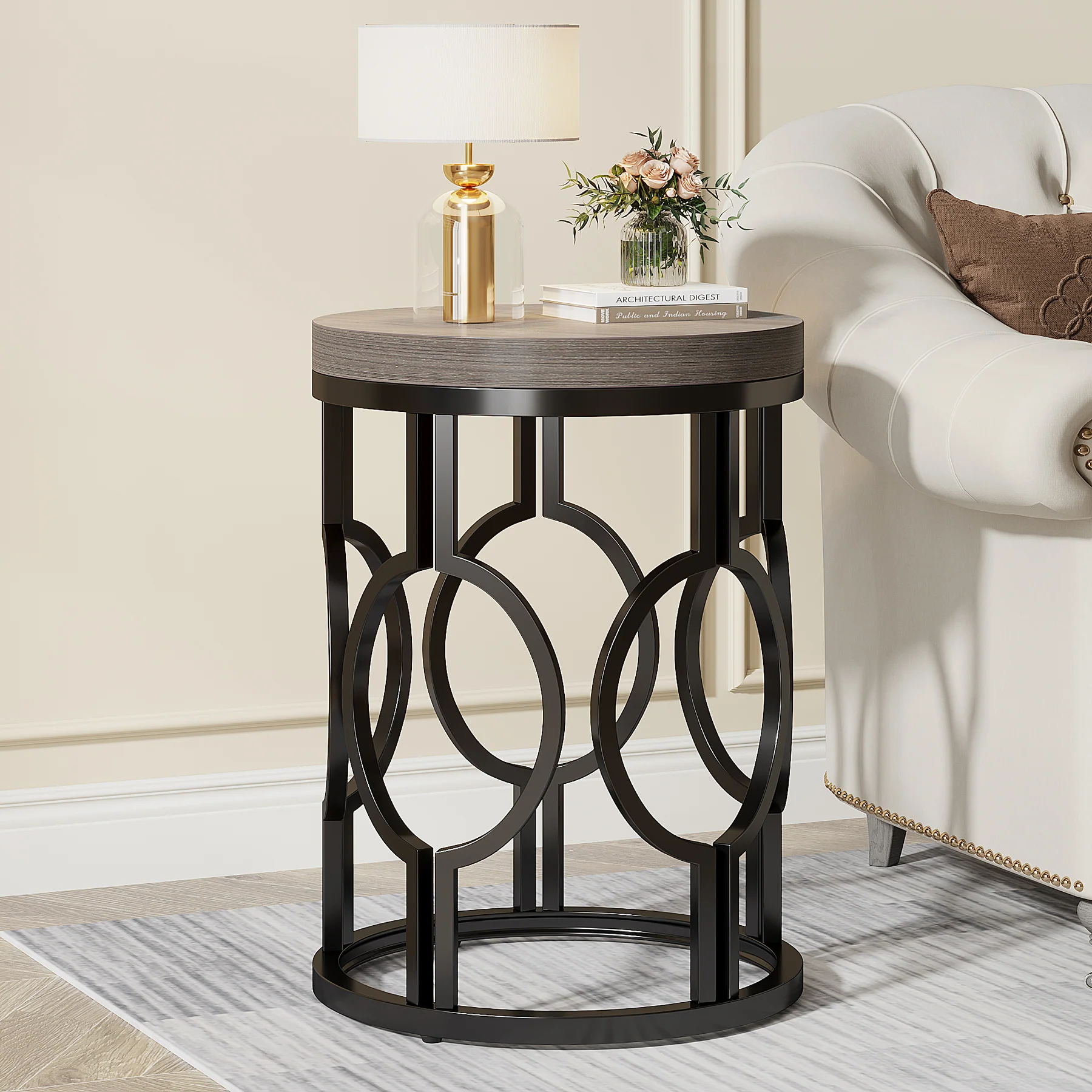 Small Round End Table, Industrial Metal Frame Side Table for Living Room & Bedroom - Image 11